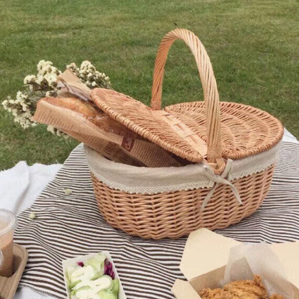 Garneck Picknickkorb mit Deckel Einkaufskorb Geflochten Pilz Obst Brot Rattan Weiden Mit Henkel Geflochtener Blumen für Outdoor Picknick 35CM