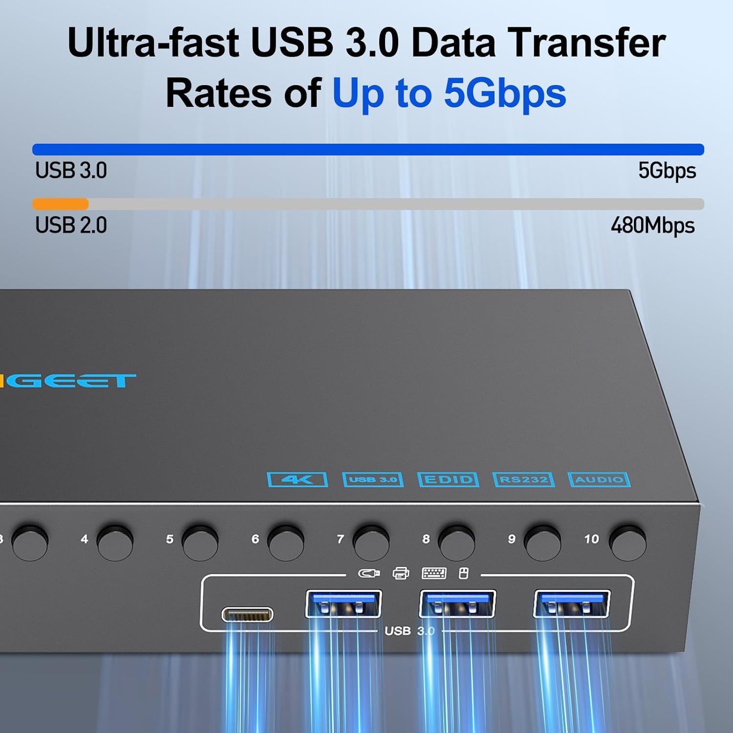 Switch KVM a 10 porte HDMI 4K a 60Hz simulazione EDID, switch KVM HDMI 10 IN 1 OUT per 10 computer condividono 1 monitor e 4 porte USB 3.0, 10 switch KVM PC con audio RS232 e cavo remoto
