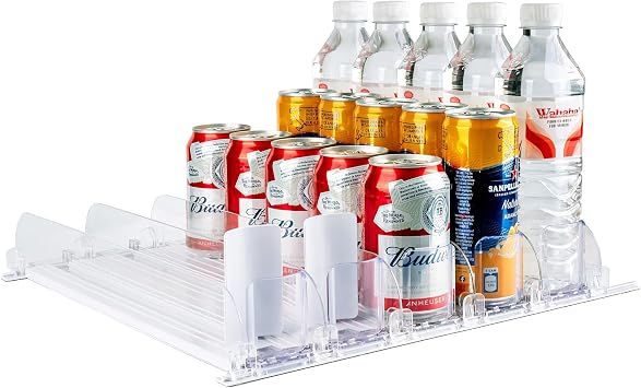 Automatic Soda Can Dispenser for Refrigerator 5-Row Drink Organizer Holds 25 Cans, Spring-Loaded Pusher, Fits 12oz/16oz/20oz Bottles, No-Tool Assembly