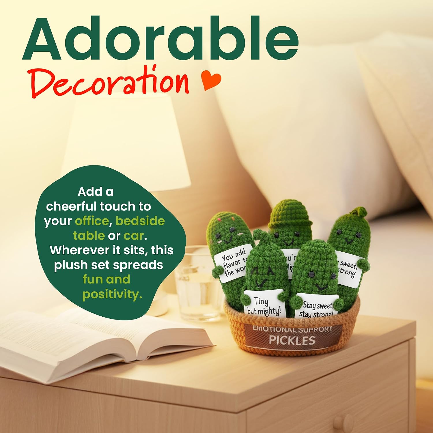 5pcs Emotional Support Pickle - Handmade Crochet Amigurumi Inspirational Doll Christmas Desk Table Decor Gifts Emotional Support Decorative Gift with Positive Message