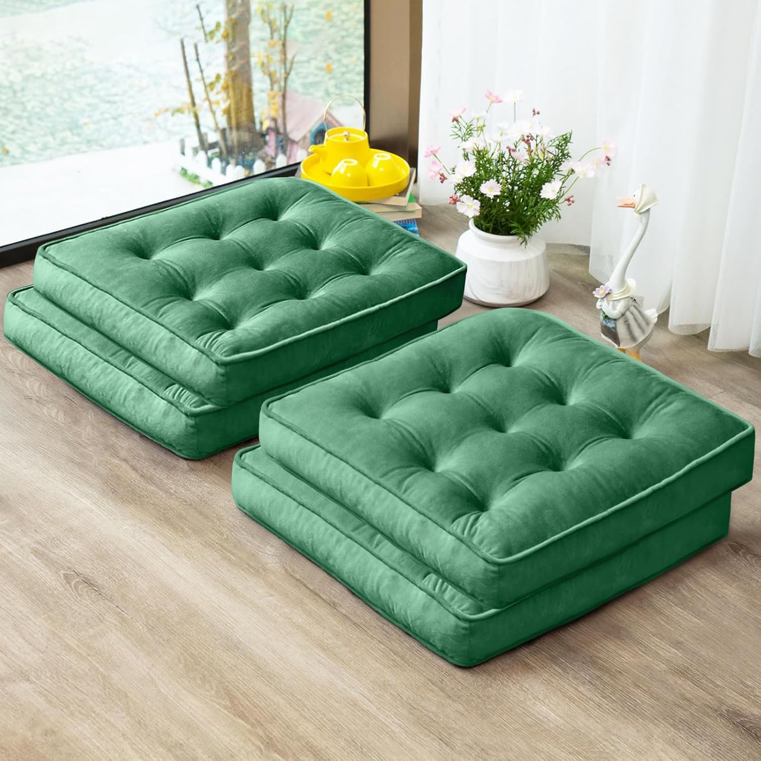 Floor Pillow Set of 4, Memory Foam Meditation Cushion, Floor Cushions for Adults Sitting, Large Square Seat Cushions for Yoga, Living Room, 20x20 Inch (Green) Green 20x20 Inch(Pack of 4)