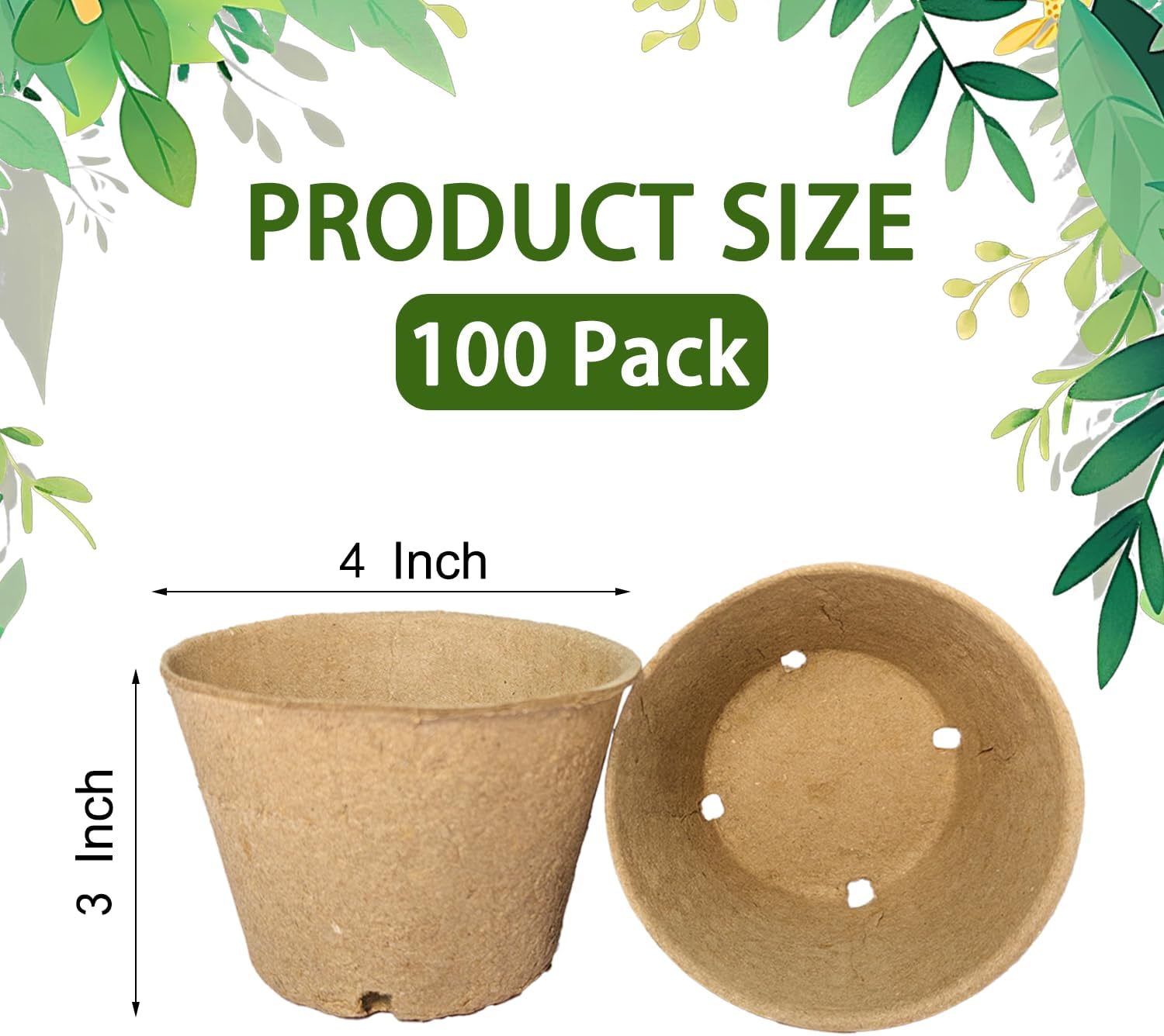 100 Pack 4 Inch Peat Pots, Biodegradable Seed Starter Pots with Drainage Holes for Indoor/Outdoor Gardening, Eco-Friendly Garden Germination Nursery Pots. (100, 4 Inch)