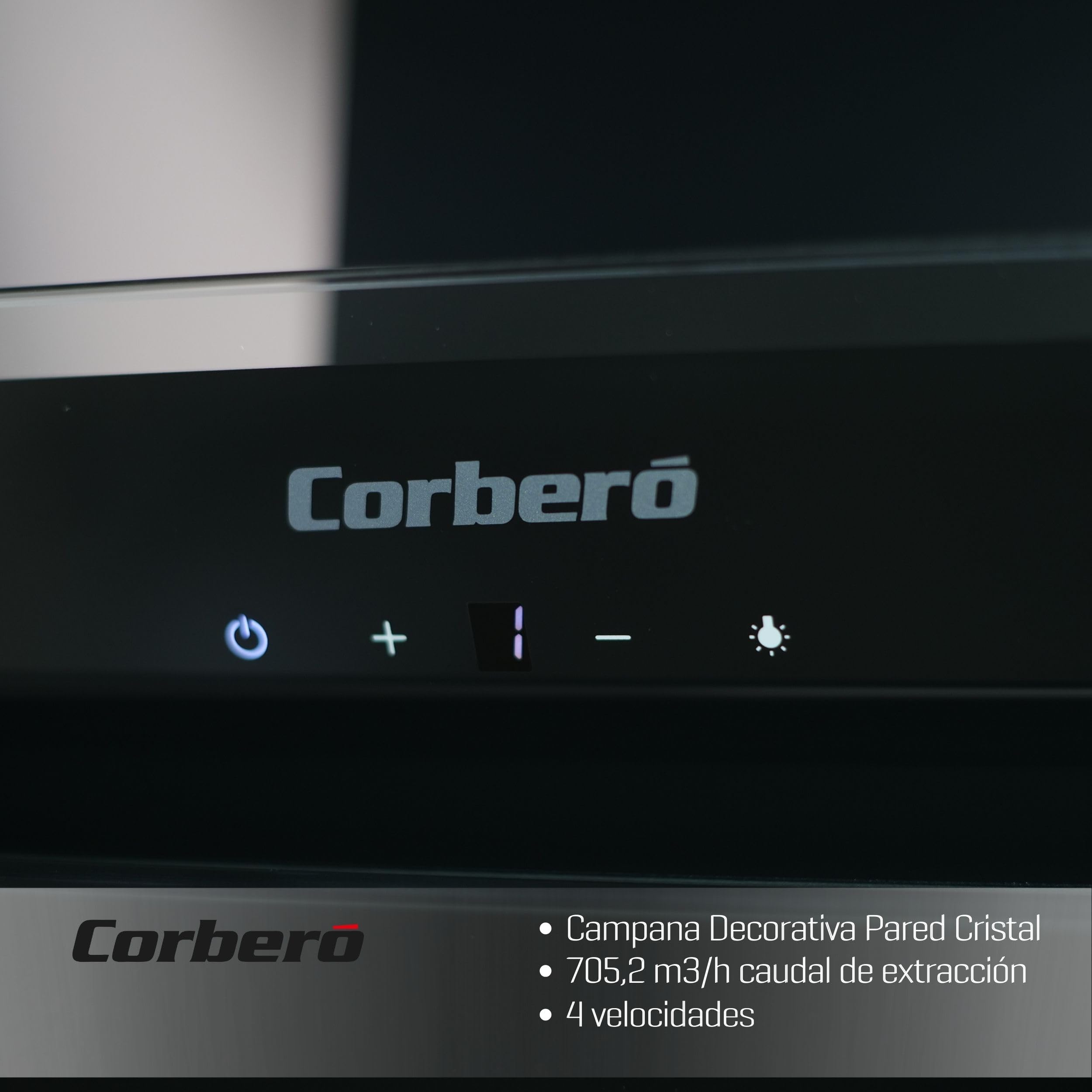 Corbero - Campana Extractora 60 cm | ONEGA675B | 705.2 m3/h | 66db| 230W | 4 Velocidades | Control Tactil| Vidrio Templado | 1 Filtro Aluminio + 1 Filtro Carbón | Blanco