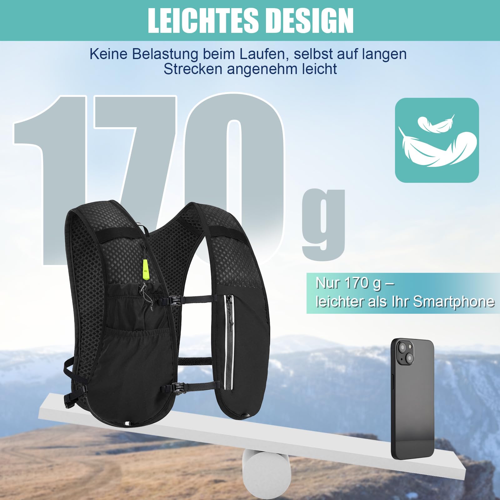 Laufweste Damen & Herren mit 500ml Trinkflasche, Reflektierende Running Vest für Bessere Sichtbarkeit, Atmungsaktiver Laufrucksack Trinkrucksack für Laufen Wandern Joggen, Nur 170g