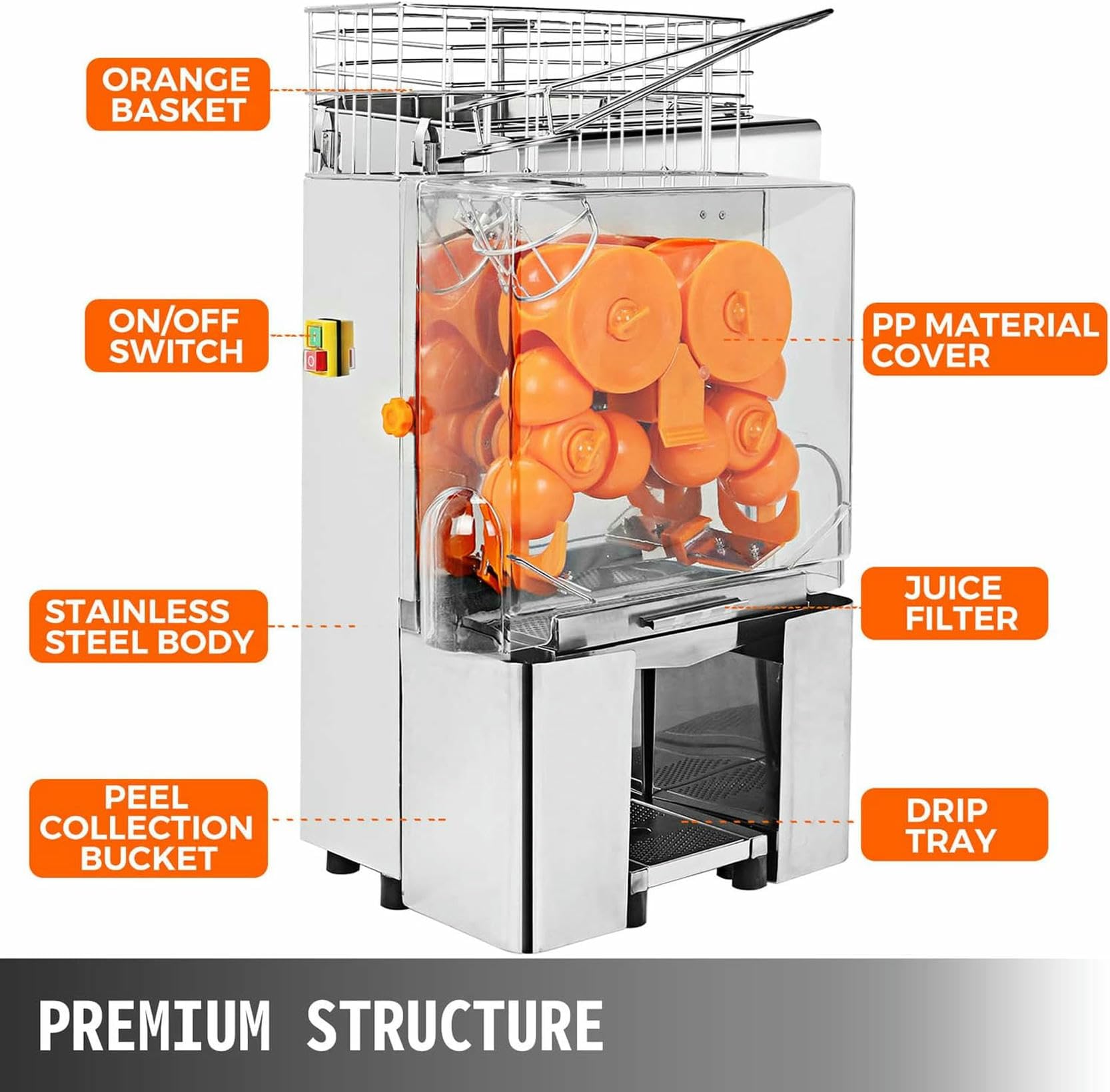 Exprimidor de Naranjas Comercial, exprimidor eléctrico de cítricos de 120 W, alimentación automática, 20-30 Naranjas por Minuto con Filtro extraíble. Ampliamente Utilizado en Super