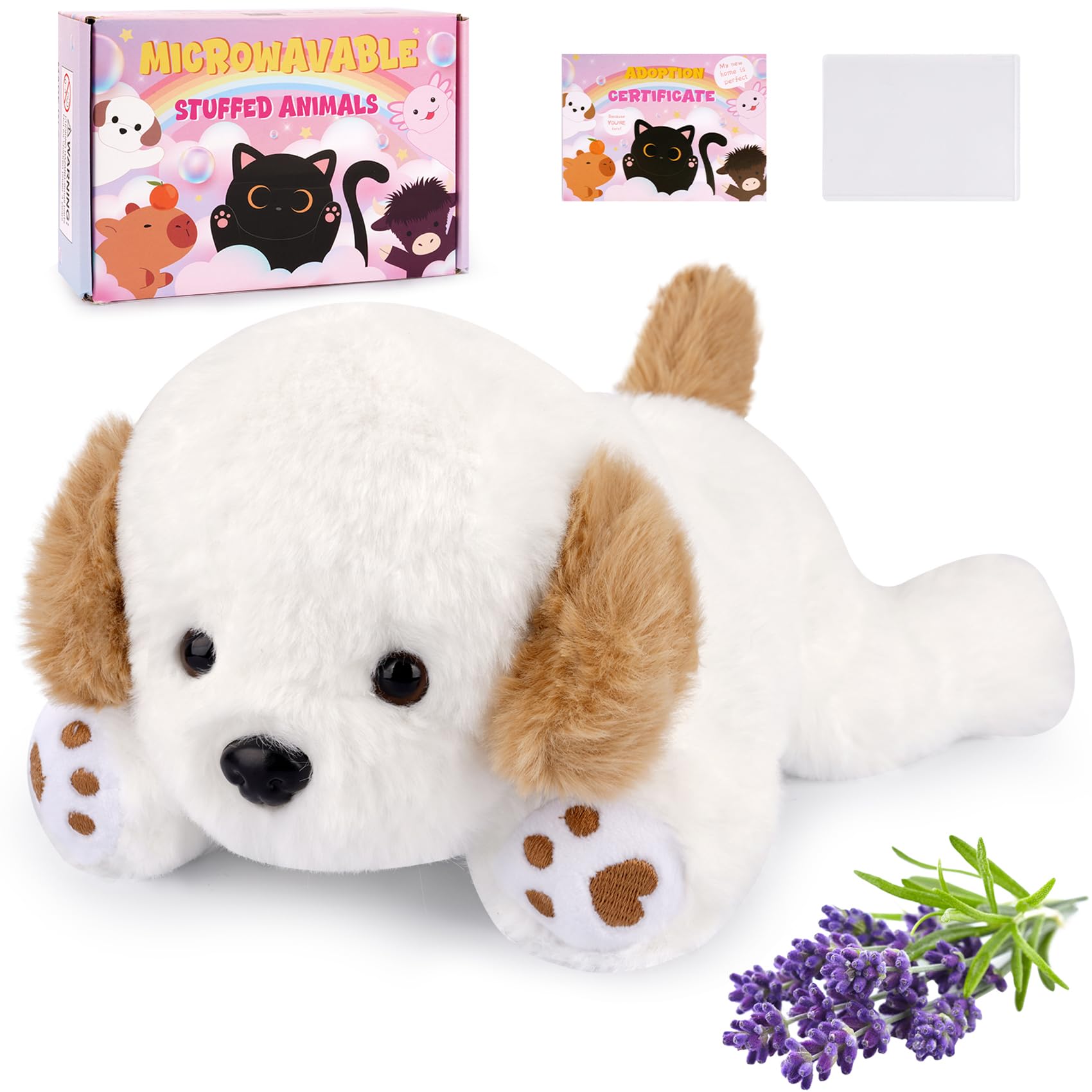 MUFEIRUO Plüschtier Hund,10 IN Hund Plüschtier Stofftier mit Geschenkbox, Wärme Kuscheltier Erwärmen in der Mikrowelle Wärmendes Gewichtstiere Plüschtier Geschenk für Erwachsene Kinder 3+ Jahre