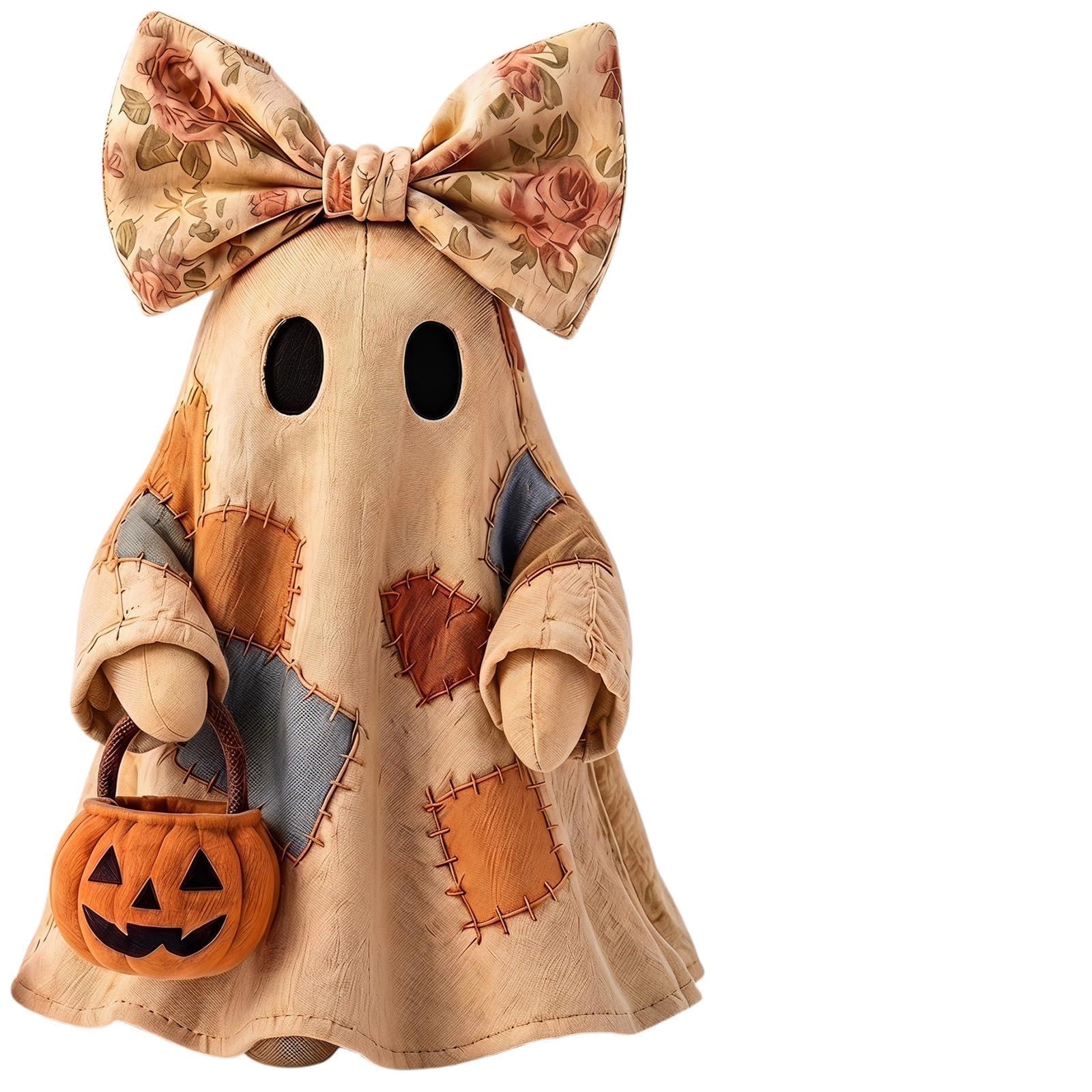 Patchwork Ghost Halloween Decor with Pumpkin Bucket Vintage Ghost Tabletop