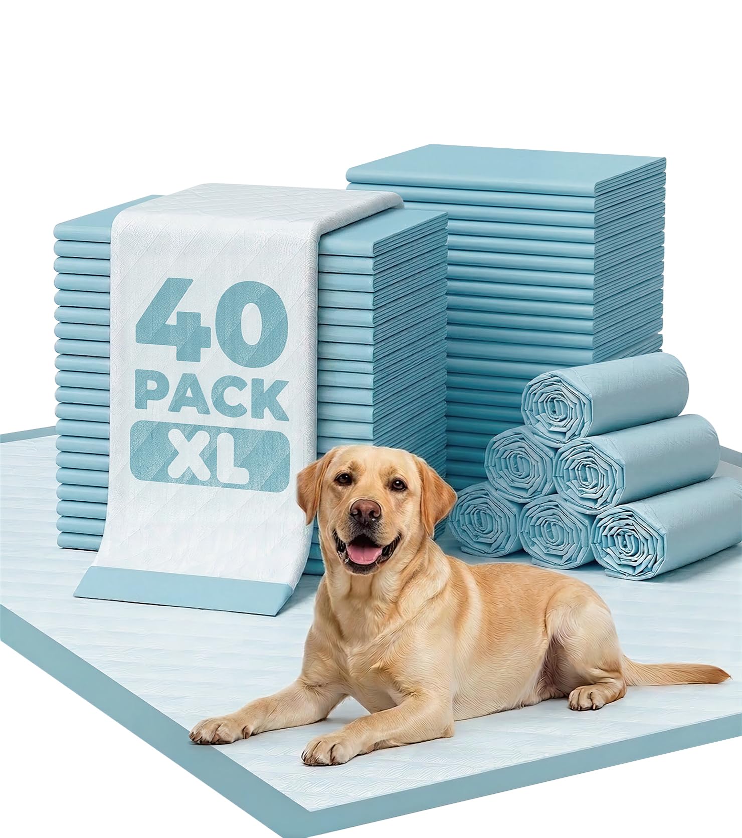 GWT - Almohadillas de entrenamiento para orina de perro, secado rápido y diseño de 5 capas a prueba de fugas, azul y blanco (40 unidades, extra grandes, 28 x 34 pulgadas)