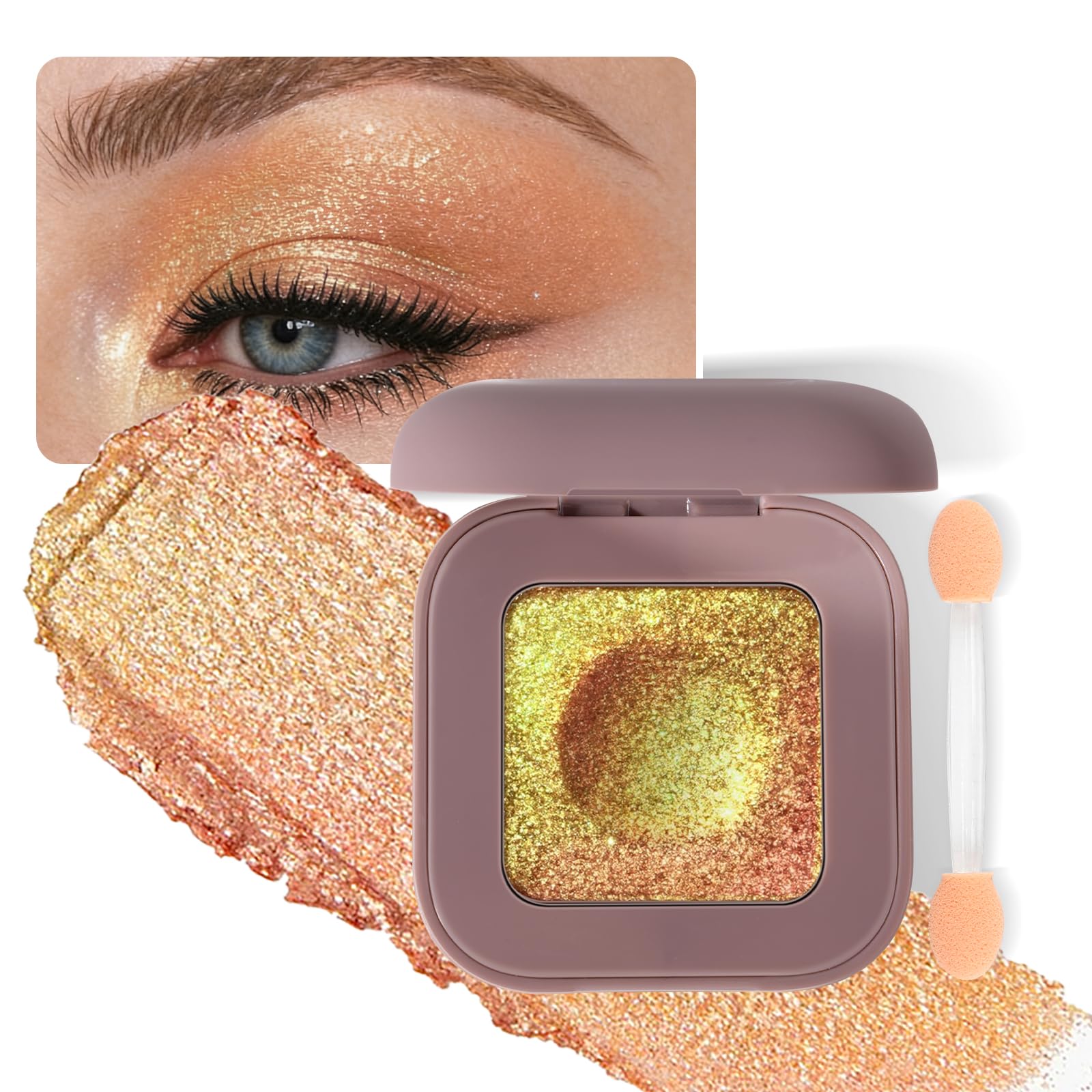 Holographic Multichrome Golden Yellow Green Eyeshadow Palette with Eyeshadow Brush, Rich Chameleon Color Shimmer Metallic & Long Lasting & Buildable Eye Shadow, High Pigment Single Eye Makeup（#08) #08 Golden Yellow Green
