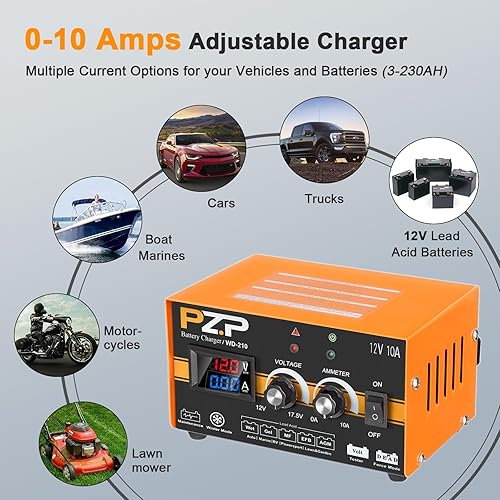 Miniatura 3 de PZP - Cargador de batería manual de 12 V, 0 a 10 A cargador de batería de auto ajustable arbitrariamente, desulfatador de batería con reparación,