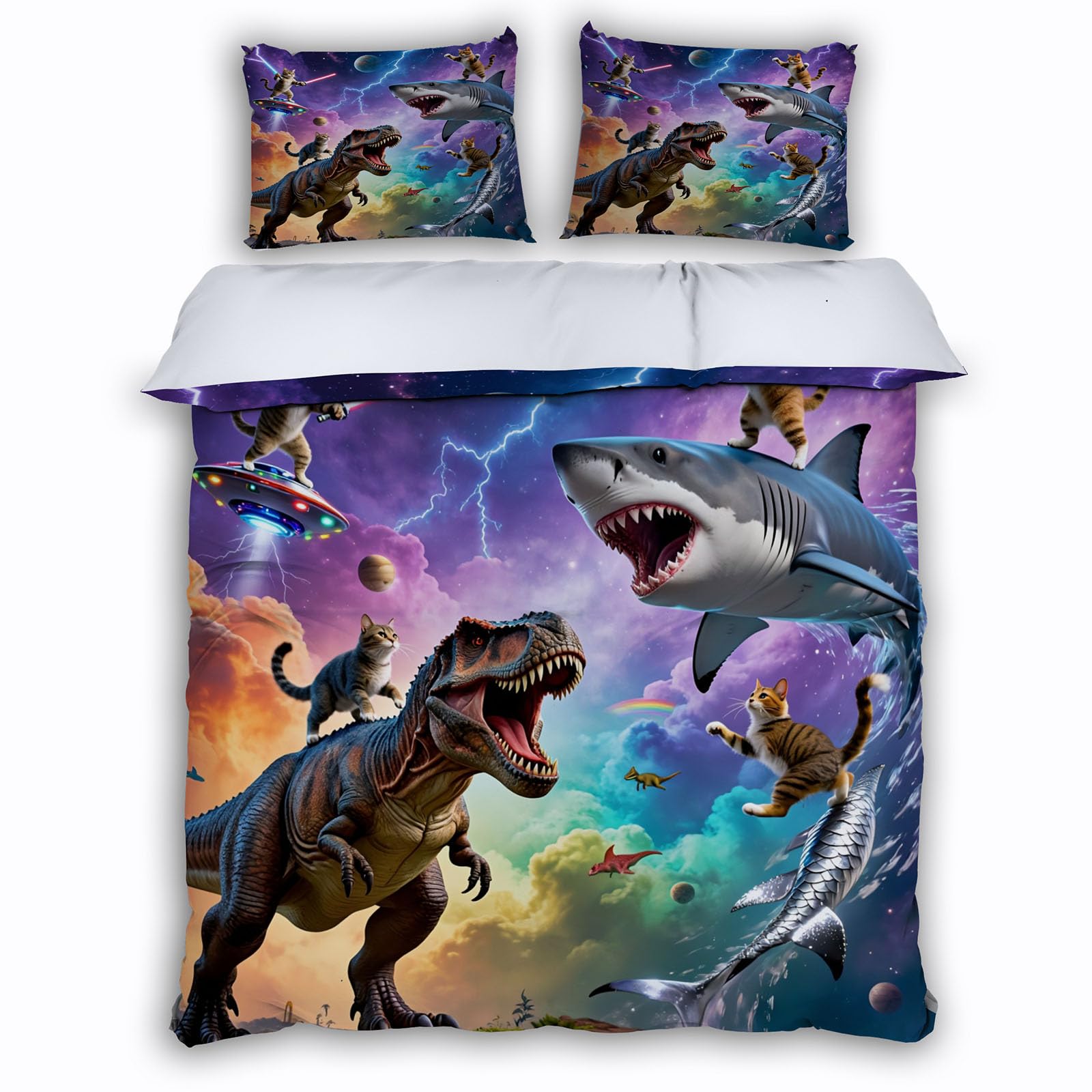 Housse de couette 2 personnes 220x240cm requin 3D en microfibre douce avec taies