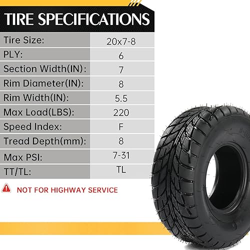 Miniatura 5 de Autoforever Juego de 2 neumáticos ATV UTV de 20 x 7.00-8, neumáticos de barro todo terreno de 20 x 7.00-8, 6 capas, sin cámara, banda de rodadura no