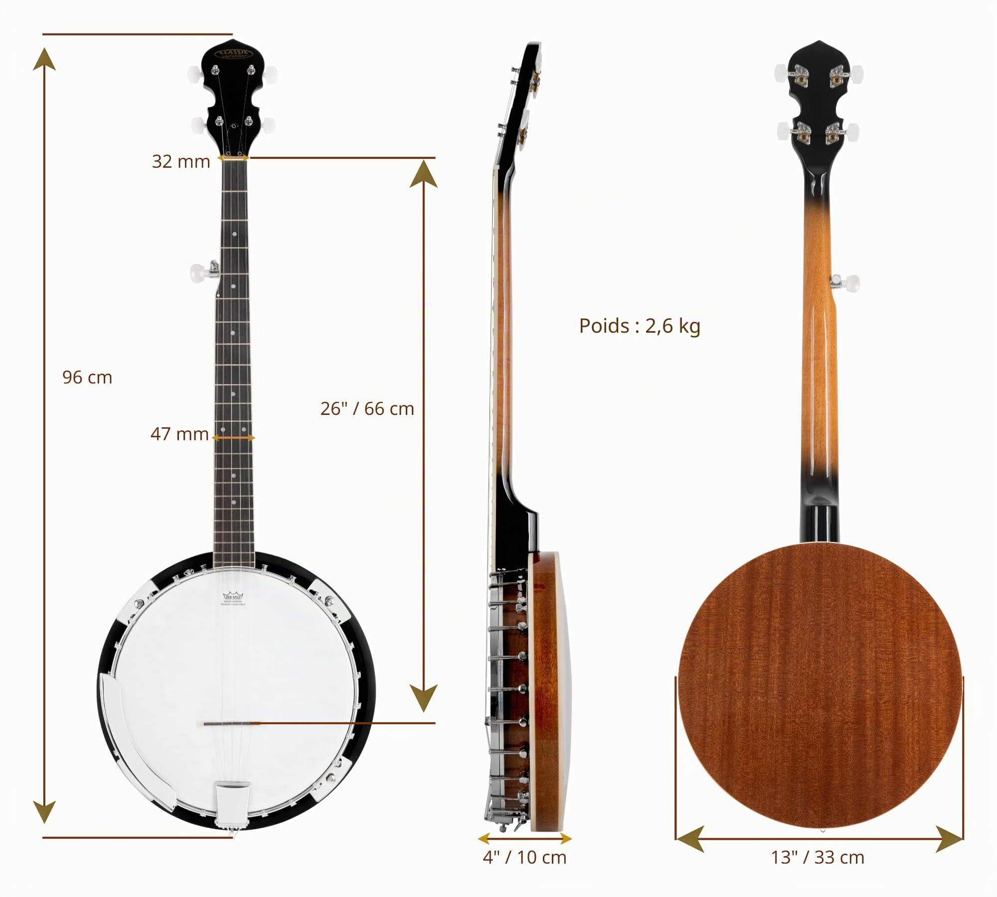 Classic Cantabile BB-5 Banjo 5 Cordes - Banjo 5 cordes avec résonateur - caisse 11" et résonateur en tilleul - touche : Blackwood - diapason 26", 22 frettes - finition brillante
