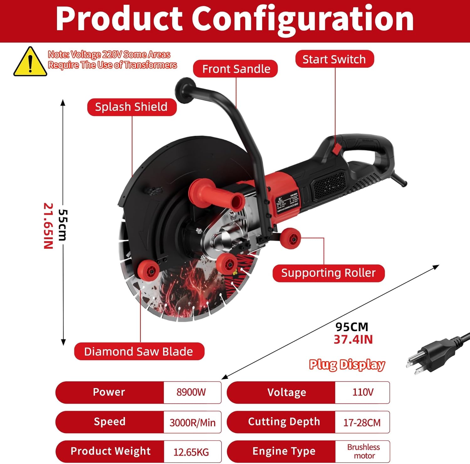 Ring CIoncrete Cutter Saw, Cutting Against The Wall Concrete Saw 10.62 Inch, 110V/220V Pure Copper Motor with an Intelligent Water Pump for Ceramic Tiles, Red Brick Walls(Depth of Cut 8.26 in,110V)