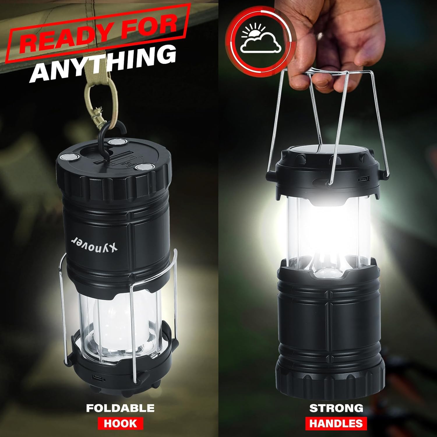 Xynover Paquete de 4 linternas solares para camping, LED recargables con batería USB/solar/AA, base magnética, gancho para colgar, plegable, impermeable para emergencias, senderismo, huracán