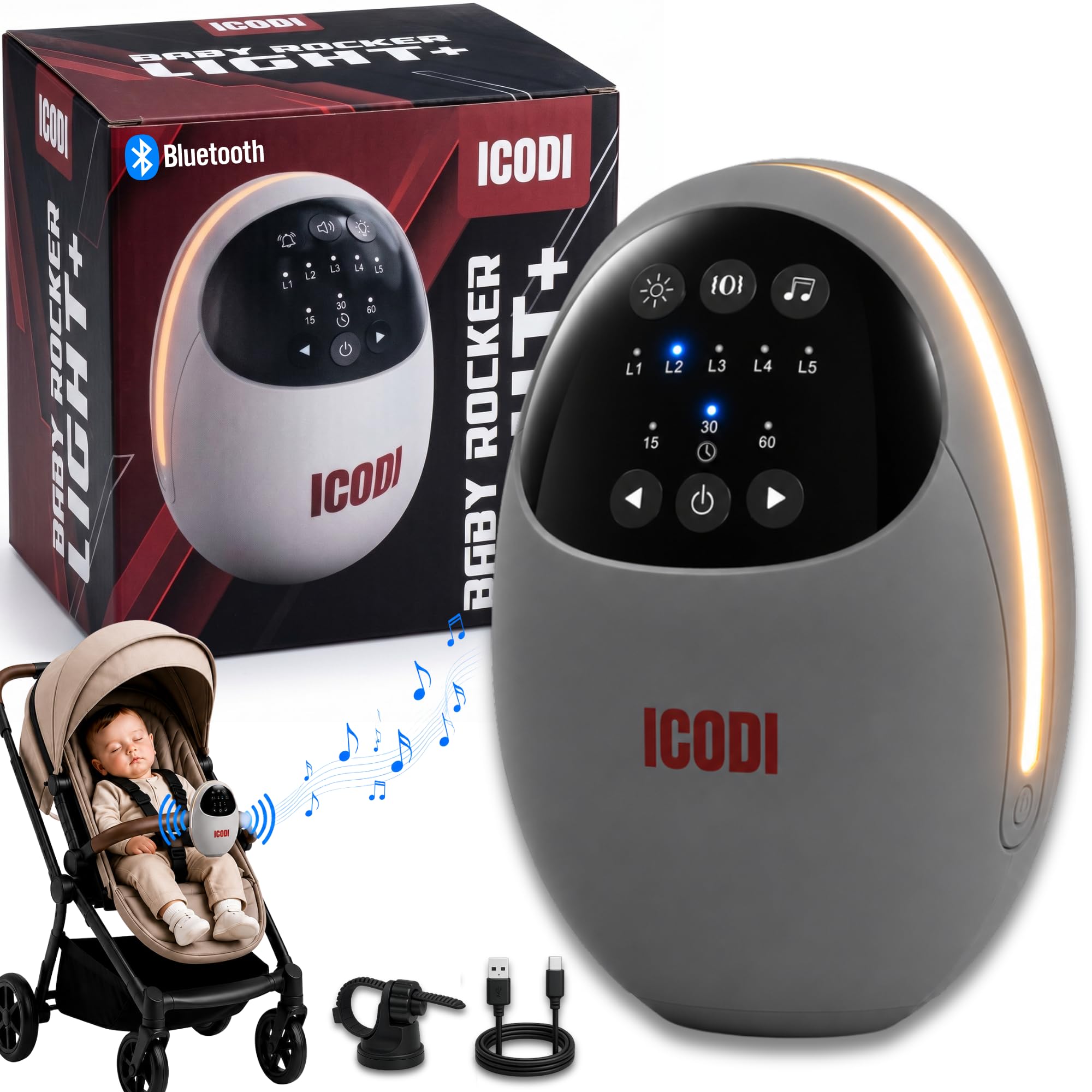 Baby Rocker Bebe 4 en 1, Mecedora Bebe Eléctrica para Carrito y Cuna con Bluetooth, Luz Nocturna LED, Ruido Blanco y Sonidos Relajantes, 5 Niveles de Intensidad, Temporizador, Batería Recargable USB-C