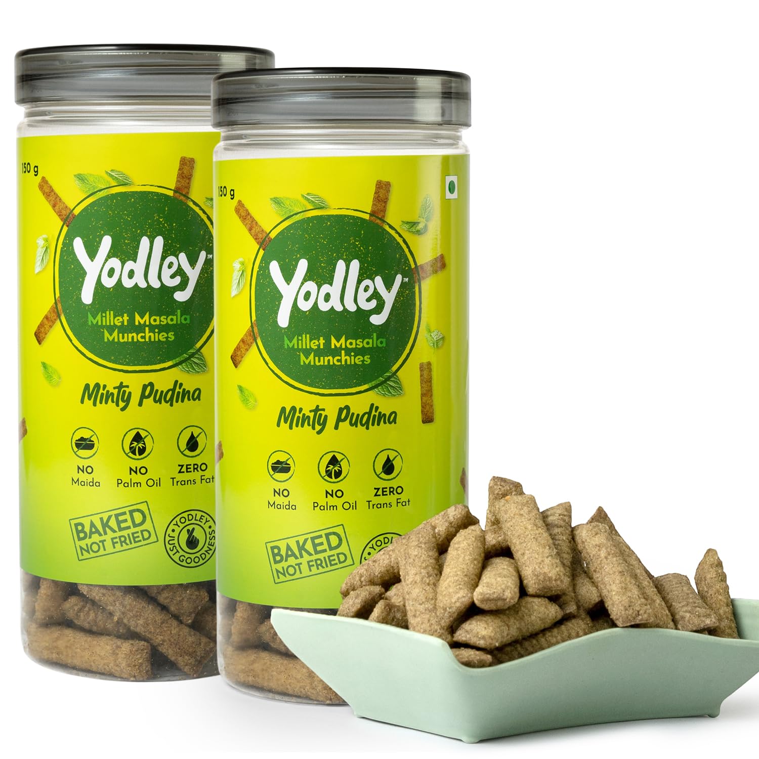 Yodley Millet Masala Munchies - Minty Pudina Flavour - Pack Of 2 | Baked, Not Fried | No Maida, No Palm Oil | Zero Cholesterol | Zero Trans Fat & High In Fiber | Calcium & Iron Rich | Healthy Indian Snack - 150gm
