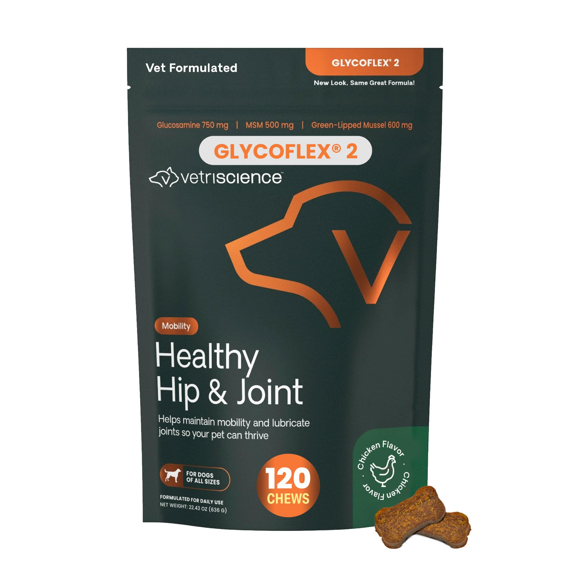 VetriScience Laboratories GlycoFlex 2, Hip and Joint Supplement for Dogs, Bite Sized Chews, 120 CT