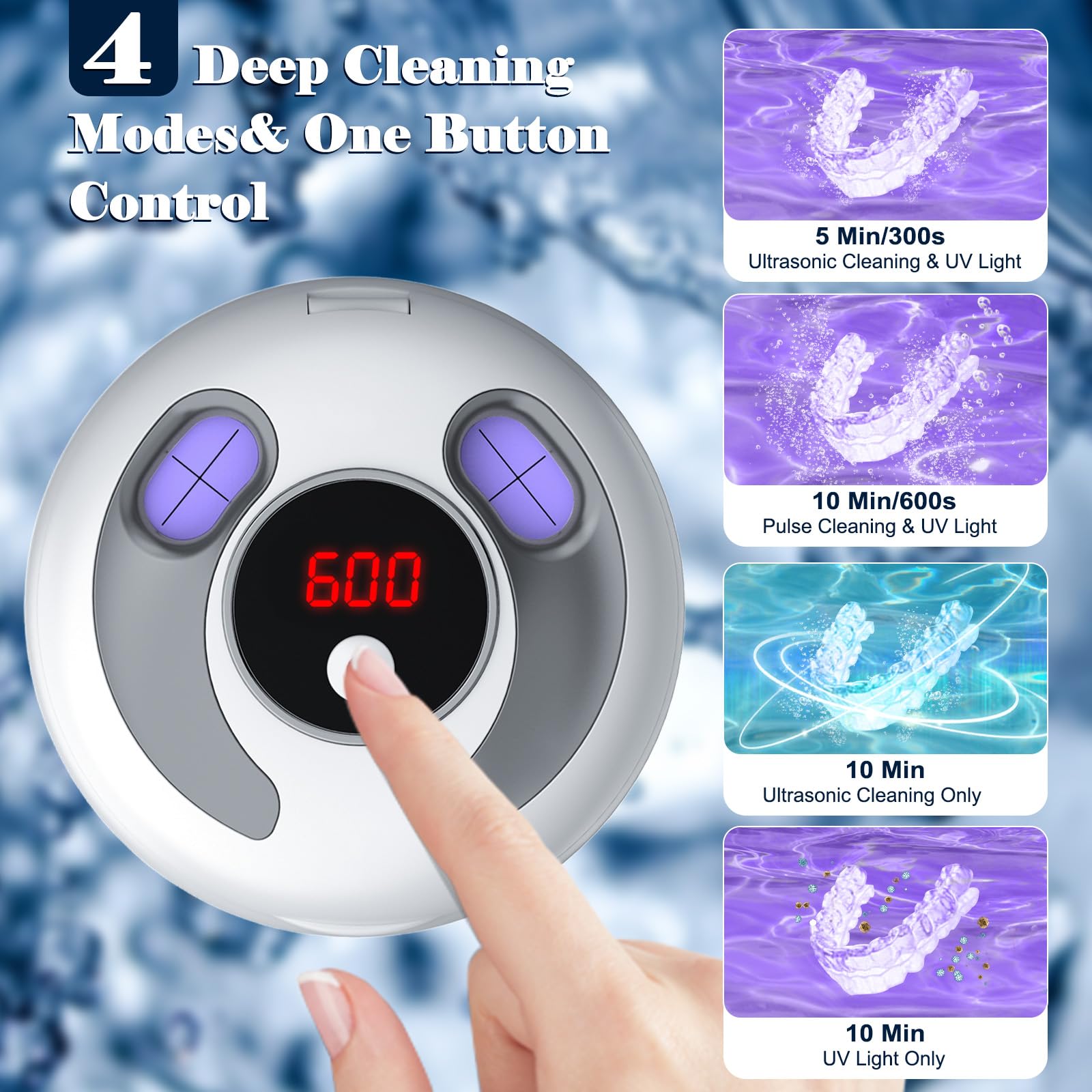 45000Hz Ultrasonic Cleaner Nettoyeur Ultrasons, 200ML Dental Pod, 25W Nettoyant Ultrason avec 4 UV Lampe, 4 Modes pour Prothèses Dentaires, Gouttière Dentaire, Retainer, Bijoux, tête de brosse