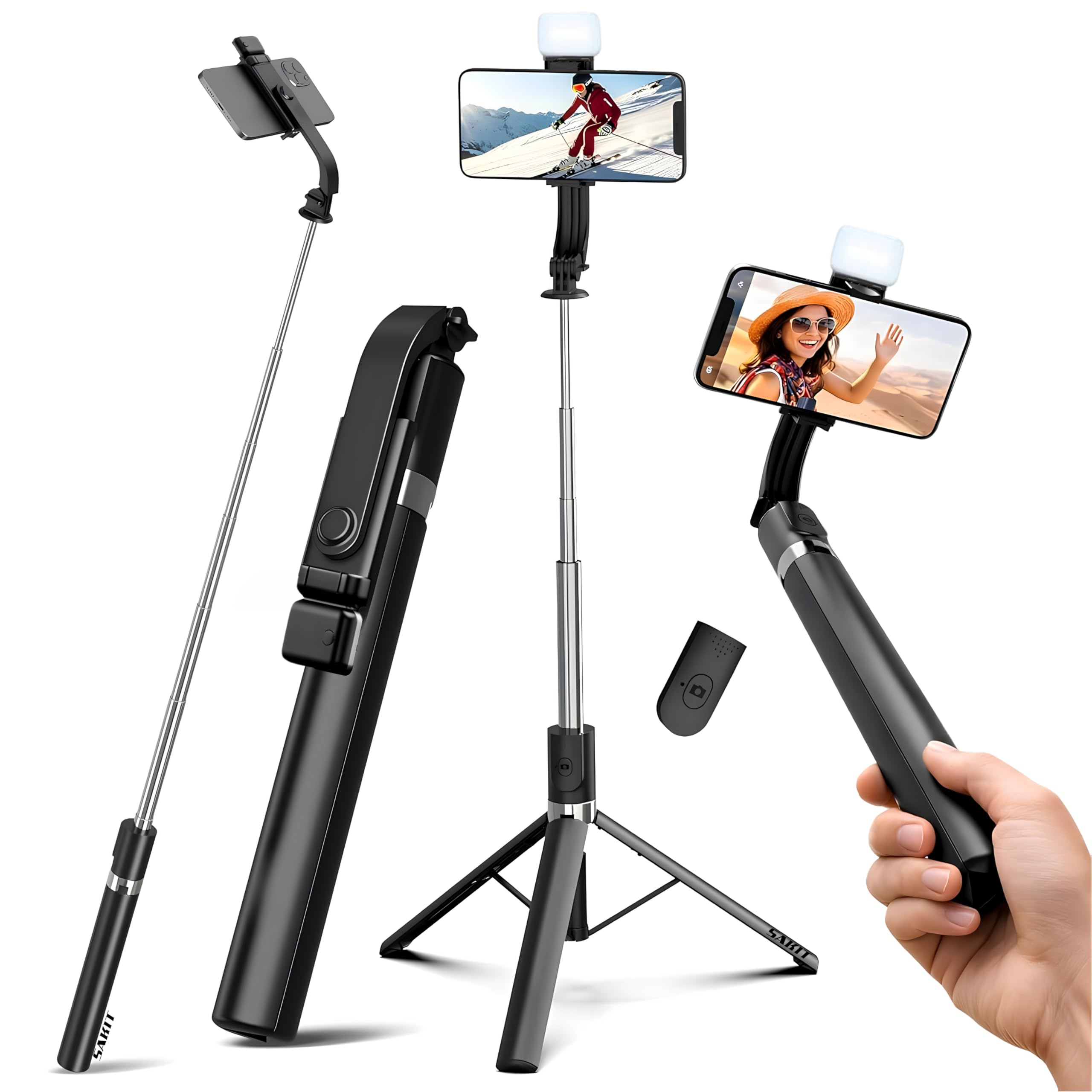 Sakit® Selfie Stick Tripod with Light, 67 inch /170CM Reinforced Tripod for Mobile Phone, Multi-Functional Bluetooth Long Selfie Stick for Travel,Vlogging,Compatible with iPhone and All Smartphones