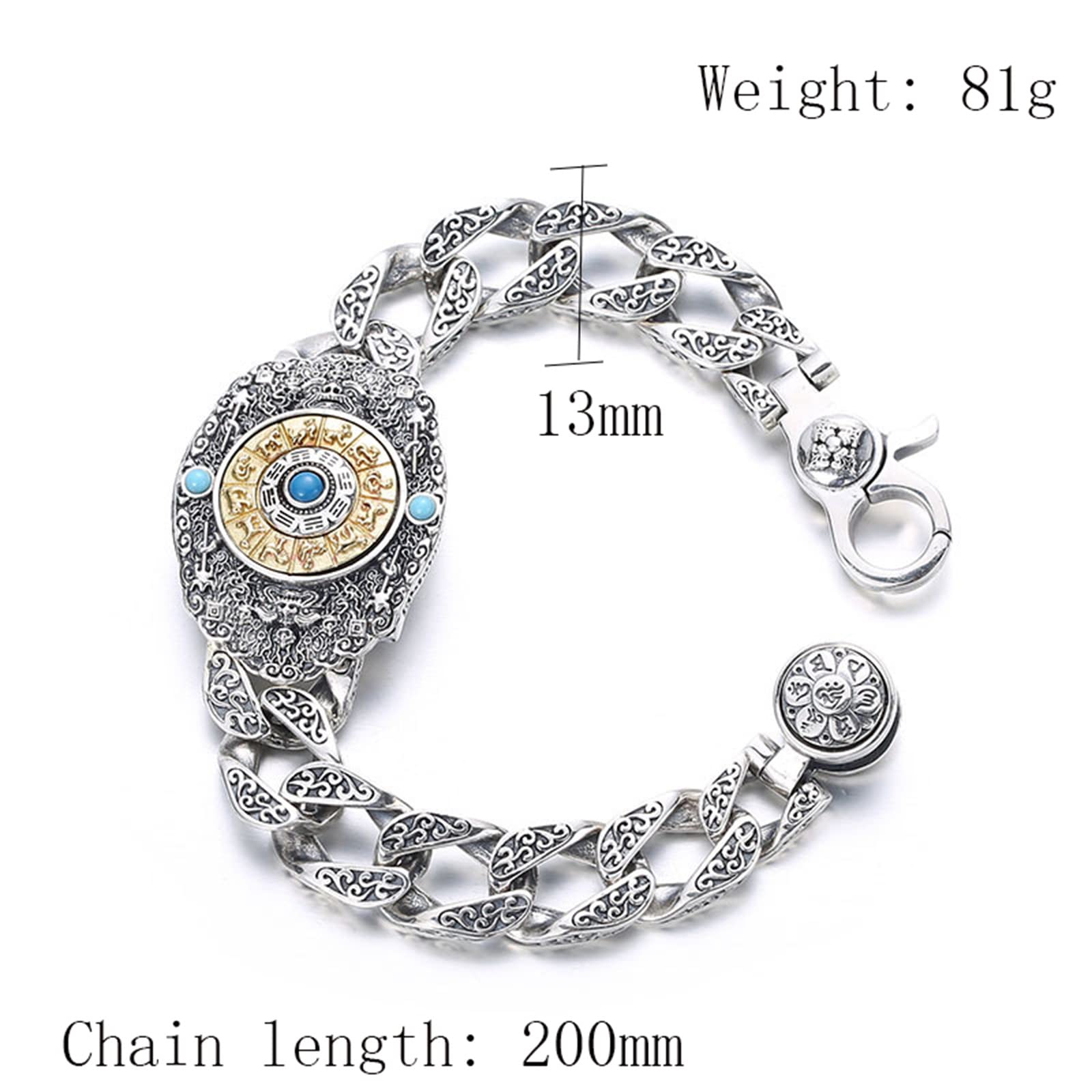 Brazalete taoísta Jiugong Bagua plata ley S925, brazalete plata ley vintage gótico para hombre, Plata, 20 cm