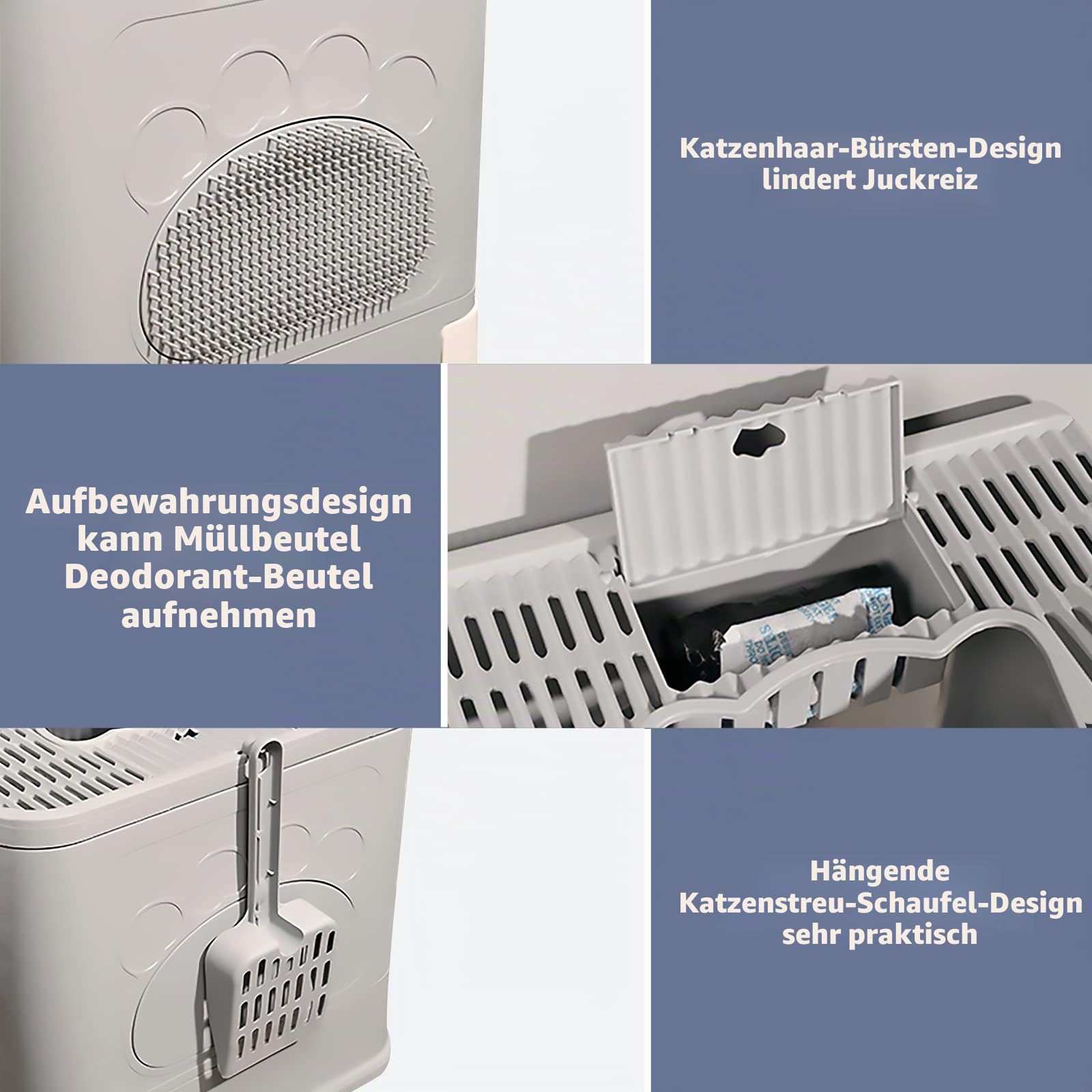 Faltbare Katzentoilette mit Deckel vorne und oben Ausgang, Katzentoilette, Aufbewahrung und Fellbürste, Design, Schubladenart, Katzenklo für Katzen, großes Fassungsvermögen, Grau