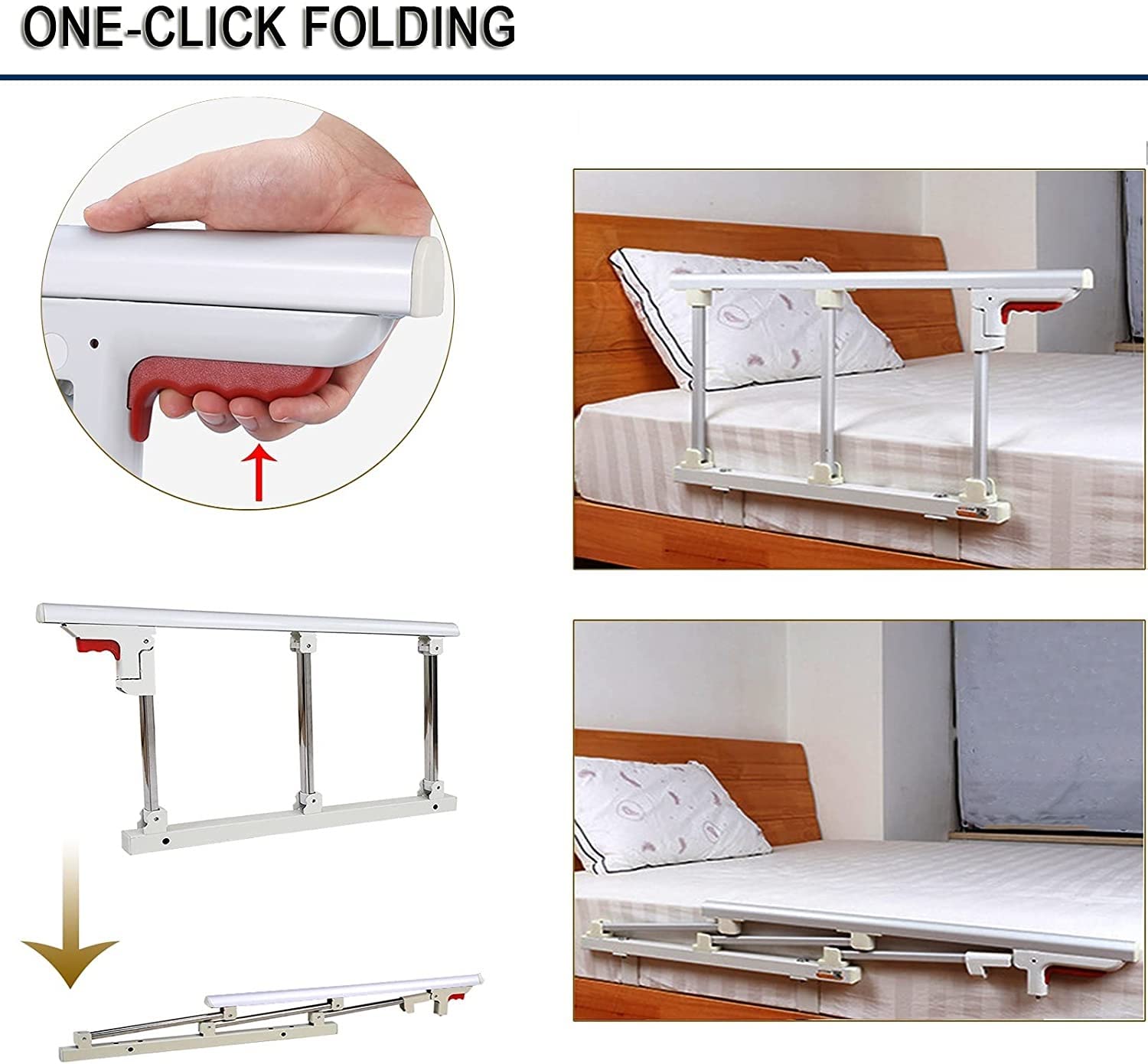 Barandilla de cama plegable de metal con protector lateral de seguridad para adultos mayores, asa, con barra de parachoques de agarre, color plateado y blanco, 70 cm