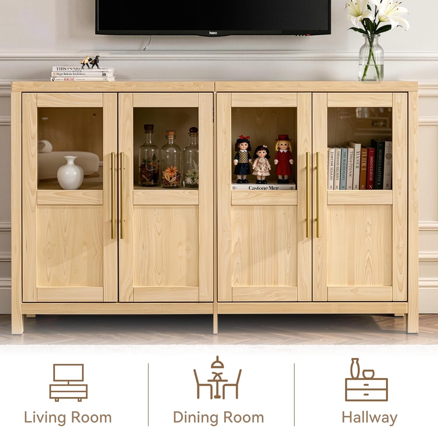 55" Sideboard Cabinet with Glass Doors, Large Buffet Cabinet with Storage and Shelves, Modern Accent Console Table for Dining Room Living Room Entryway (Natural)