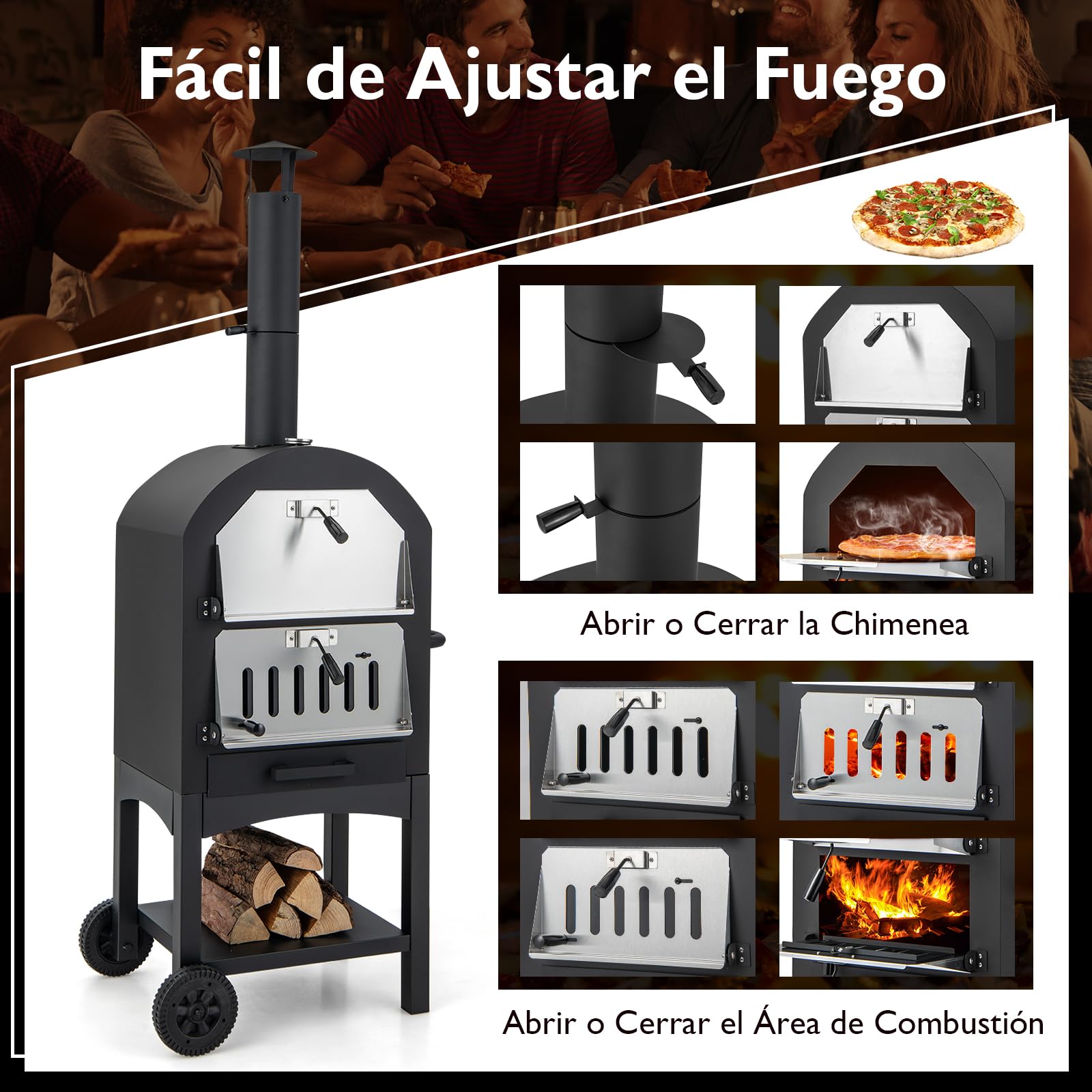 GYMAX Horno para Pizza de Exteriores con Piedra y Pala, Horno de Cocina con Termómetro y Función de Barbacoa, Estufa con Cubierta y 2 Ruedas para Picnic, Fiesta y Camping