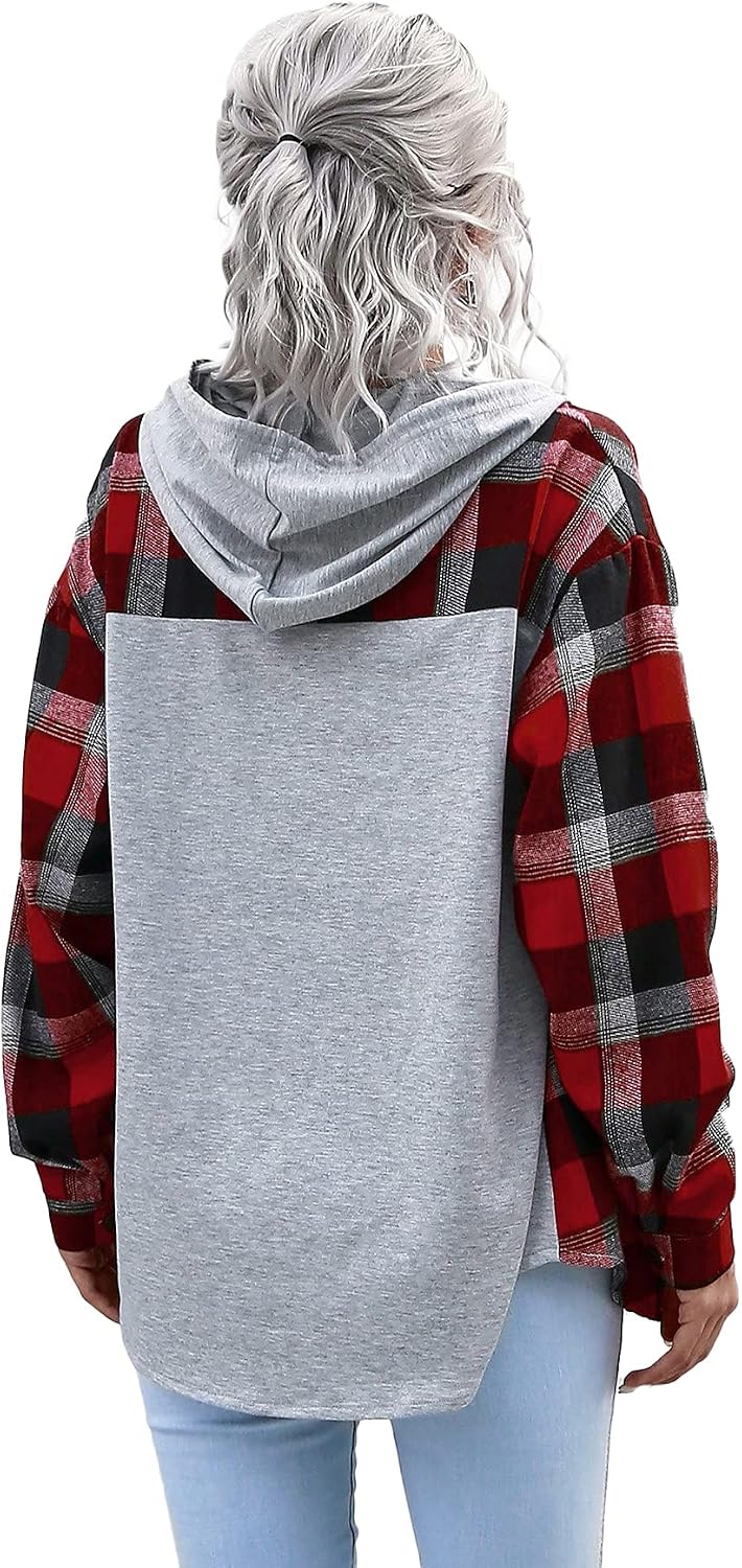 SheIn Women's Plaid Drawstring Hooded Blouse Long Sleeve Button Down Work Hoodie Shirt Top Jackets