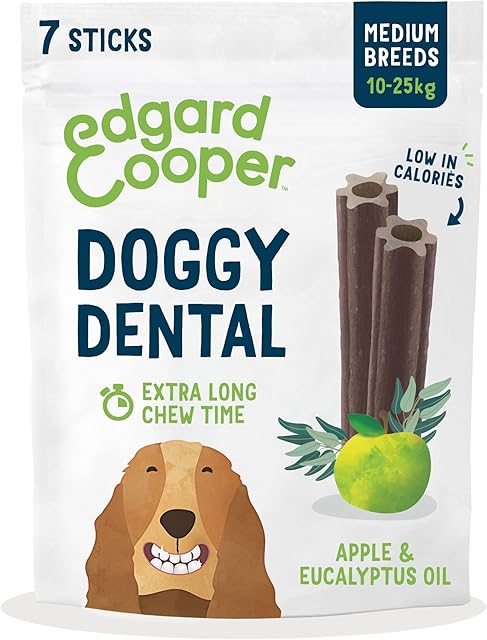 Edgard & Cooper Natural Medium Dog Dental Stick Treats 7 Chew Sticks Dental Hygiene Eucalyptus & Apple, One per Day, Low Calorie, Long Chewing Effectiveness, Fresh Breath