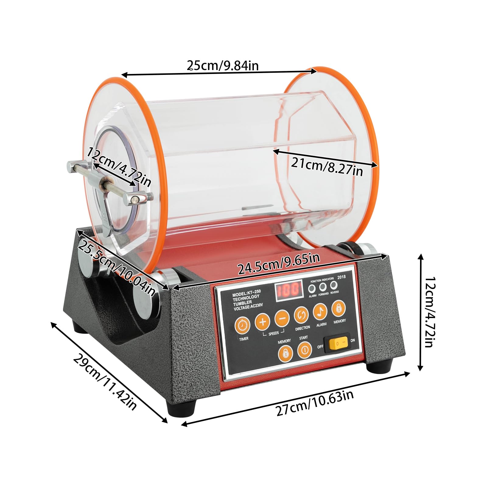 Polisseur de Bijoux 220V 1800W Machine à polir à Tambour en Affichage Numérique,Minutage,pour Polissage Meulage Grossier,Meulage Fin,L'élimination Taches Noires et L'éclaircissement 29X27X12CM