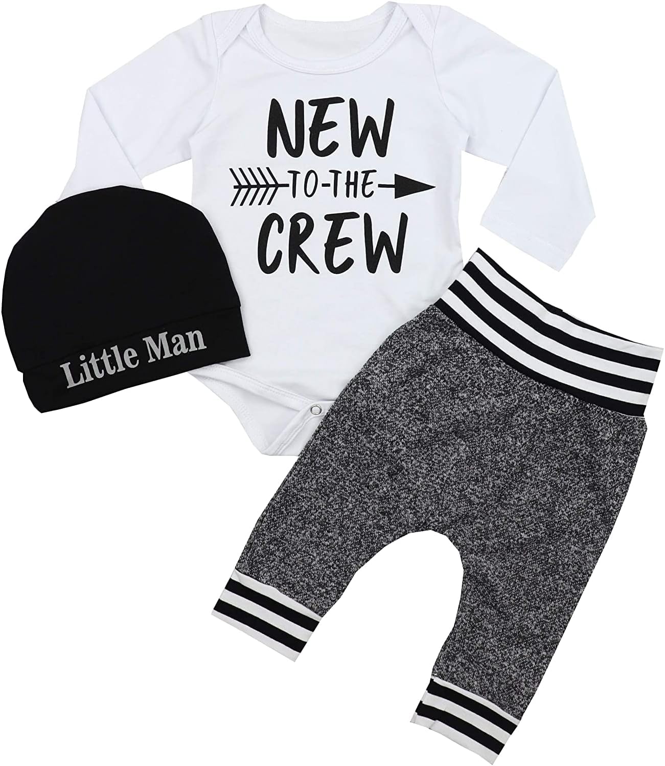 - Newborn Baby Boy Clothes New to The Crew Letter Print Romper+ Pants+Hat 3PCS Outfit