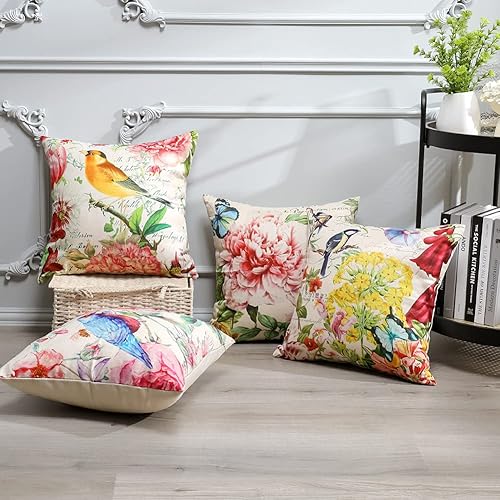 Miniatura 2 de OTOSTAR Paquete de 4 fundas de almohada impermeables para exteriores, 18 x 18 pulgadas, de lino, flores, pájaros, fundas decorativas para cojines,