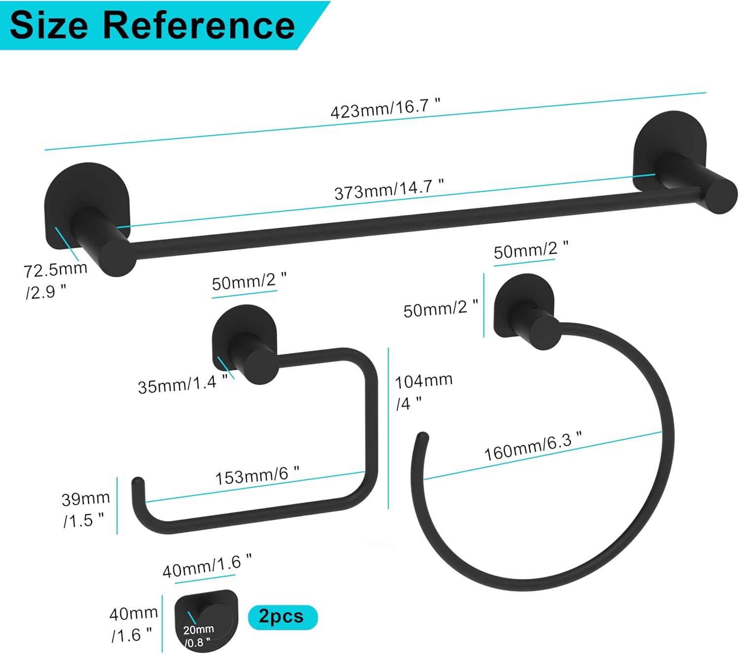 Bathroom Hardware Set 5 Pieces, Black Matte Towel Bar Set Wall Mounted, Includes 15In Hand Towel Bar, Towel Ring, 2PCS Towel Hook, Toilet Paper Holder, Stainless Steel Bathroom Accessories Set