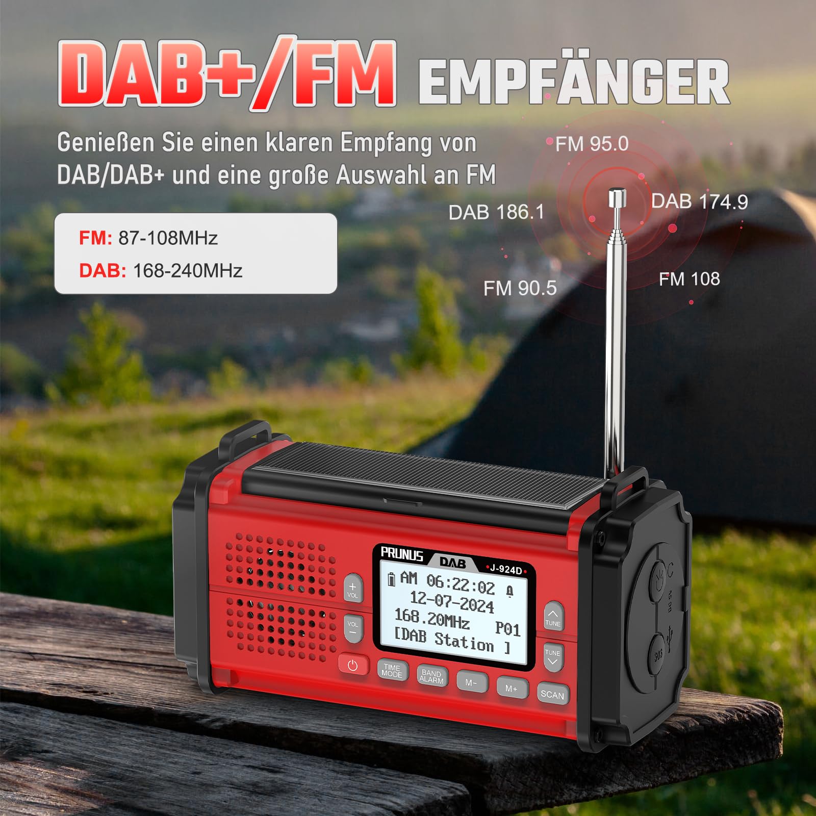 PRUNUS J-924D Digital Radio DAB+/UKW, Kurbelradio Notfall mit 10000mAh Akku, DAB Radio mit Bluetooth, Notfallradio mit Taschenlampe/SOS Alarm/Handyladefunktion für Ourdoor, Notfall (Rot)