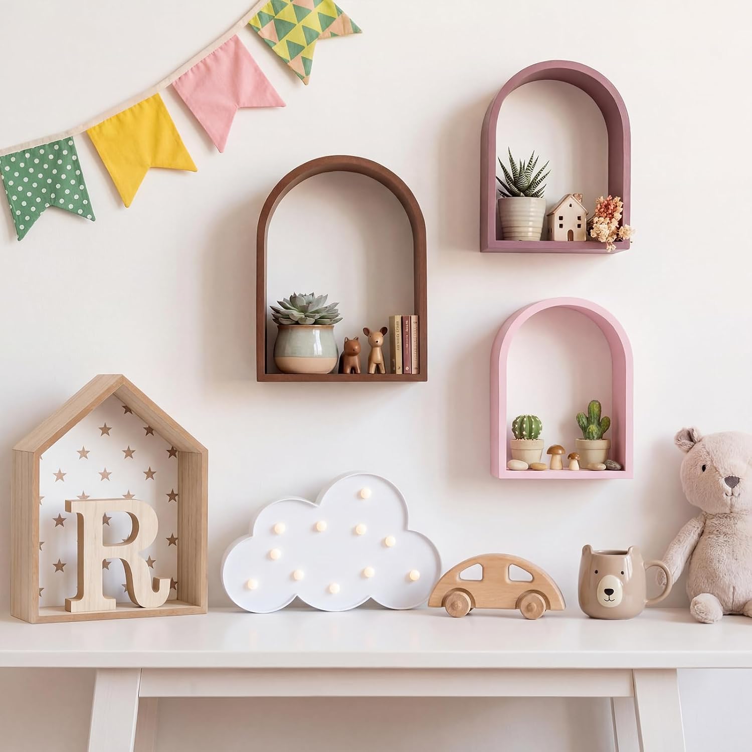 Threehoney 3 Set Wall Shelf 9.8 x 7.1 Inch Wooden Hanging Shelf Deep Display Storage Shelves Floating Shelves for Home Office Room Mini Figures Potted Plants Wall Decor (Arched,Pinkish Brown)