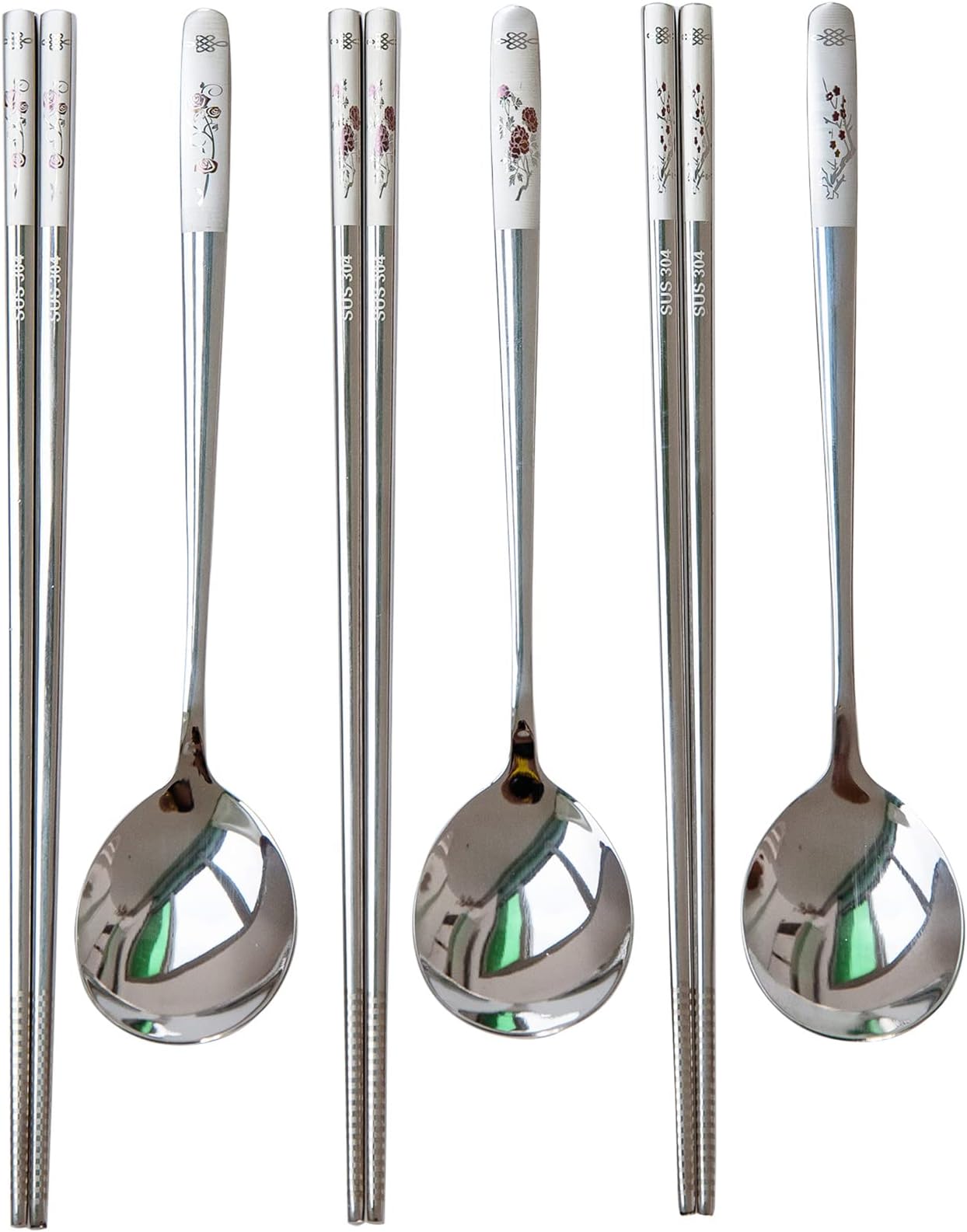 Reusable Chopstick and Spoon Set, Korean Long Handle Stainless Steel Spoon and Chopsticks Set, Dishwasher Safe Metal Chop sticks, Set of 3. (Multi-patterned)