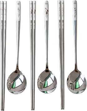 Reusable Chopstick and Spoon Set, Korean Long Handle Stainless Steel Spoon and Chopsticks Set, Dishwasher Safe Metal Chop sticks, Set of 3. Multi-patterned