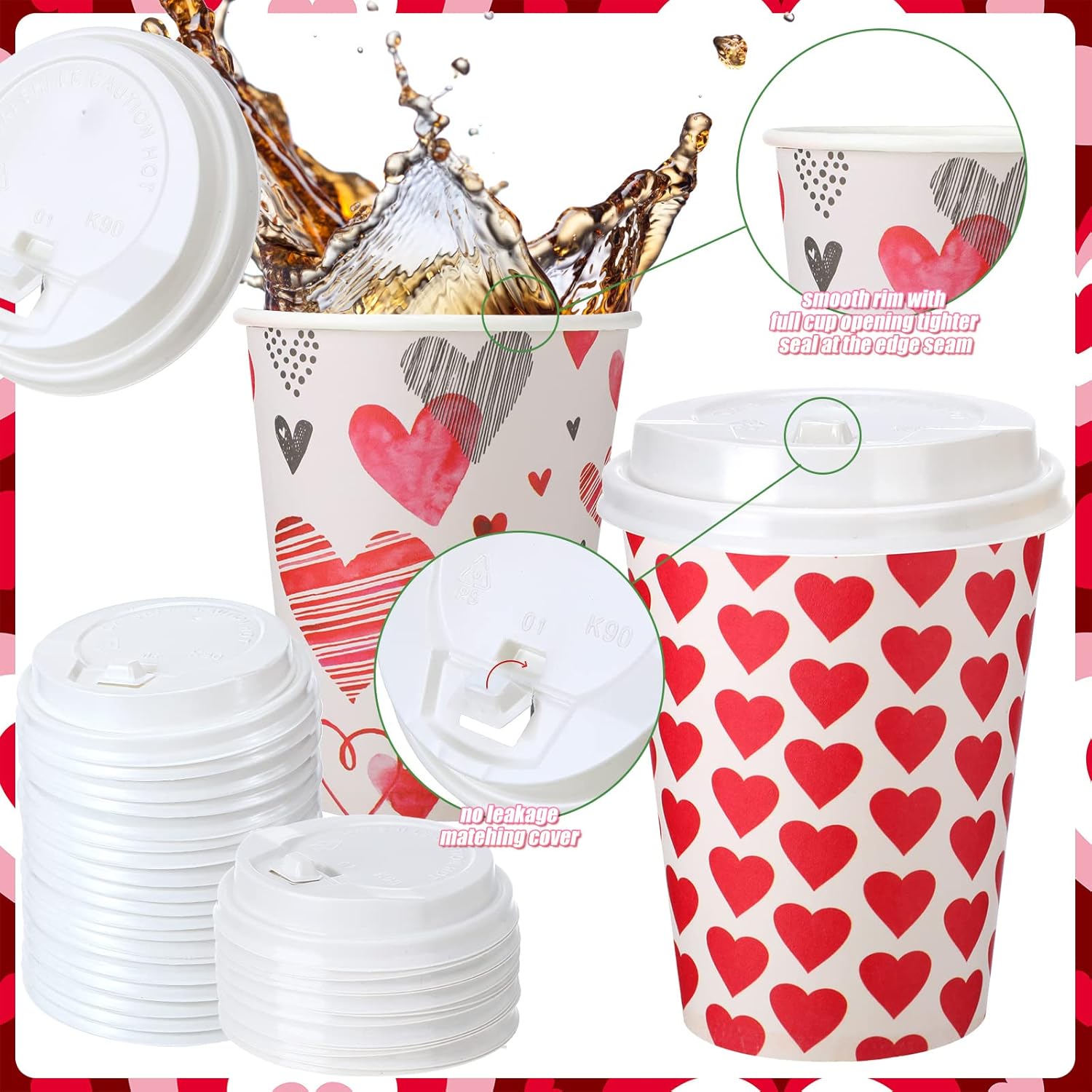 Funtery 48 Set 12 Oz Valentine's Day Paper Coffee Cups with Lids Valentines Disposable Paper Cups Hot Cocoa Party Supplies for Coffee Tea Beverage,6 Styles - Image 6
