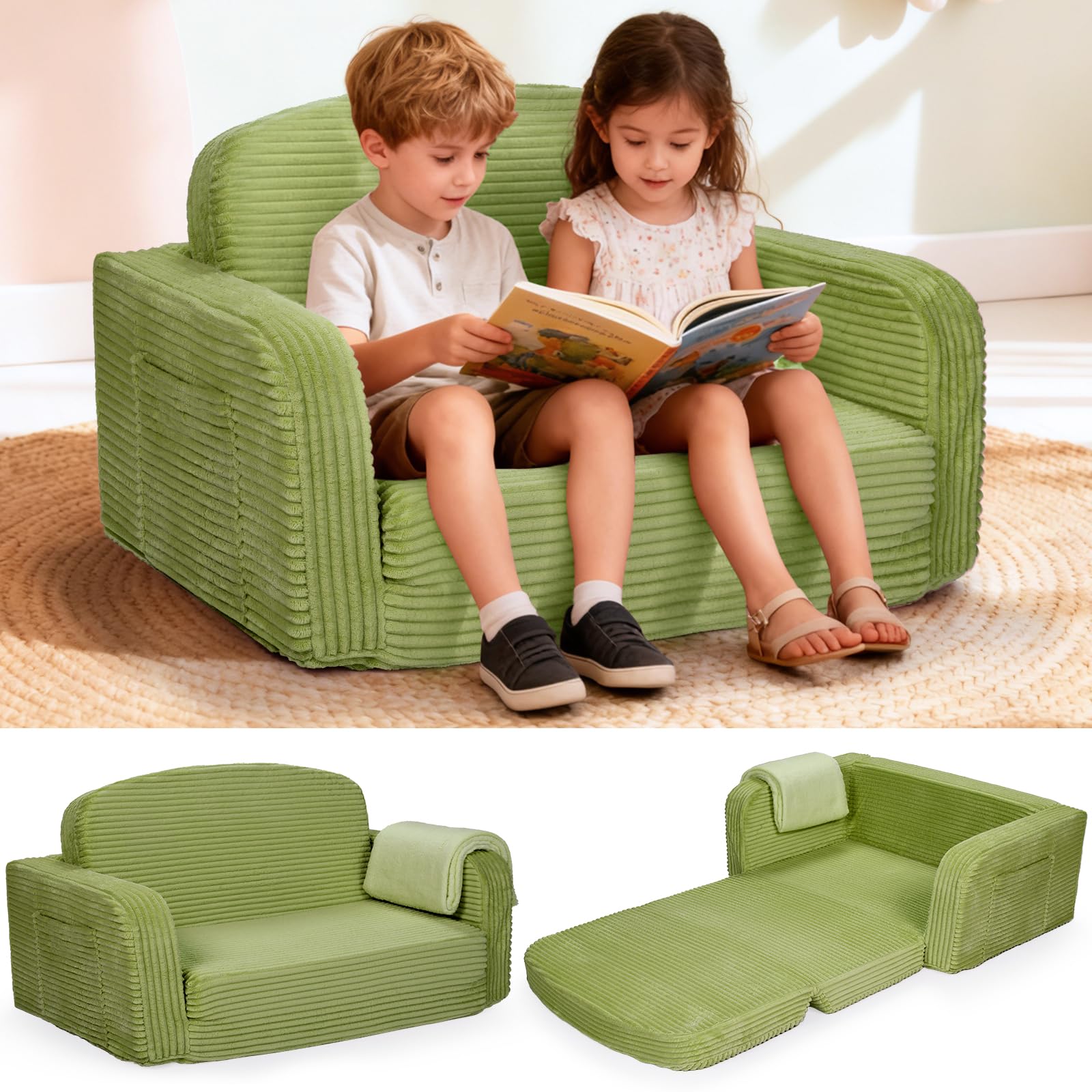 Foryoomi Extra Wide 2 in 1 Convertible Toddler Kids Couch - Corduroy Fold Out Kids Sofa Chair with Blanket, Comfy Comfortable Toddler Chair, Machine-Washable Cover, for Boys Girls, Green