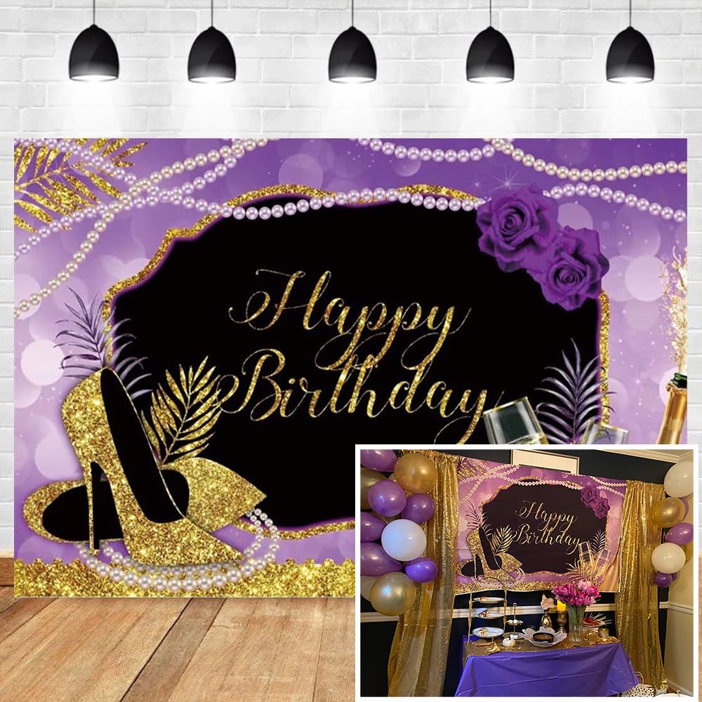 shensu Vinyl 10x7ft Women Happy Birthday Backgrounds Photography Glittering Pearl Necklace Gold High-Heeled Shoes Champagne Purple Backdrop Girls
