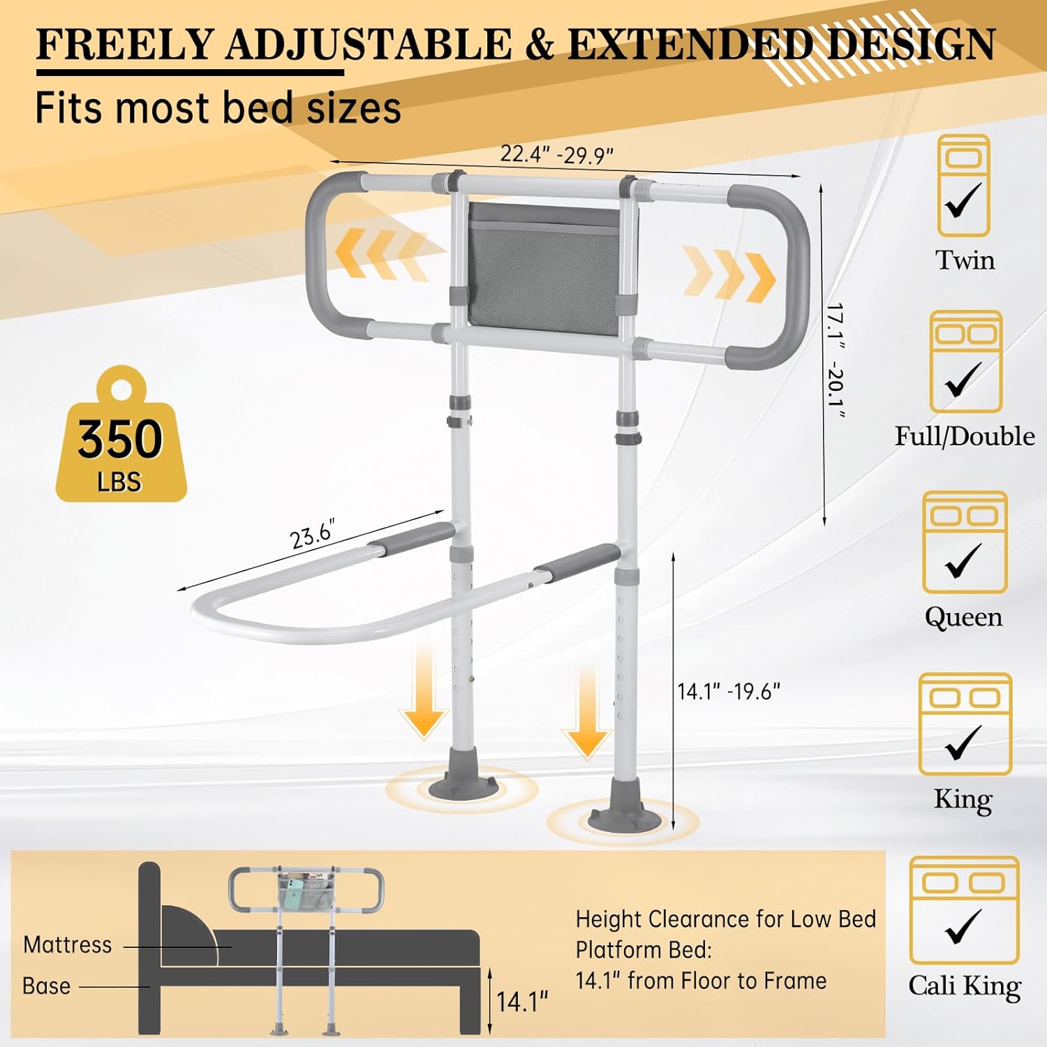 Bed Rails for Elderly Adults Safety, Sturdy Beds Assist Rail for Seniors; Adjustable Beds Rail Stable Bed Cane Guard with Extended Handle Bar - Fit King Queen Full Twin Bed