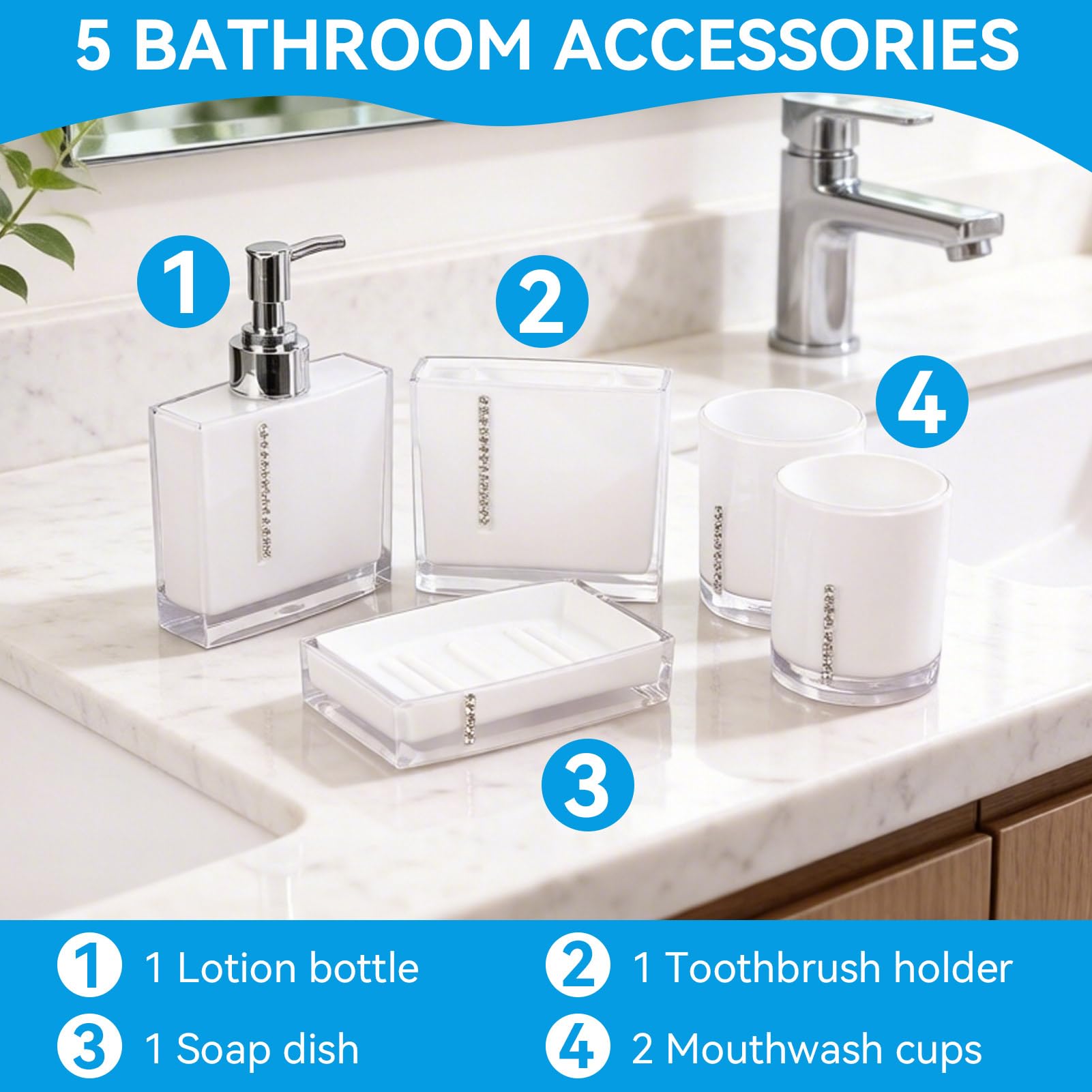 Juego De Accesorios De Baño, Juego De Accesorios De Baño Blanco, 5 Piezas De Acrílico, Taza De Baño, Soporte Para Cepillo De Dientes, Jabonera, Linda Decoración De Baño, Tocador De Baño Moderno, Decor