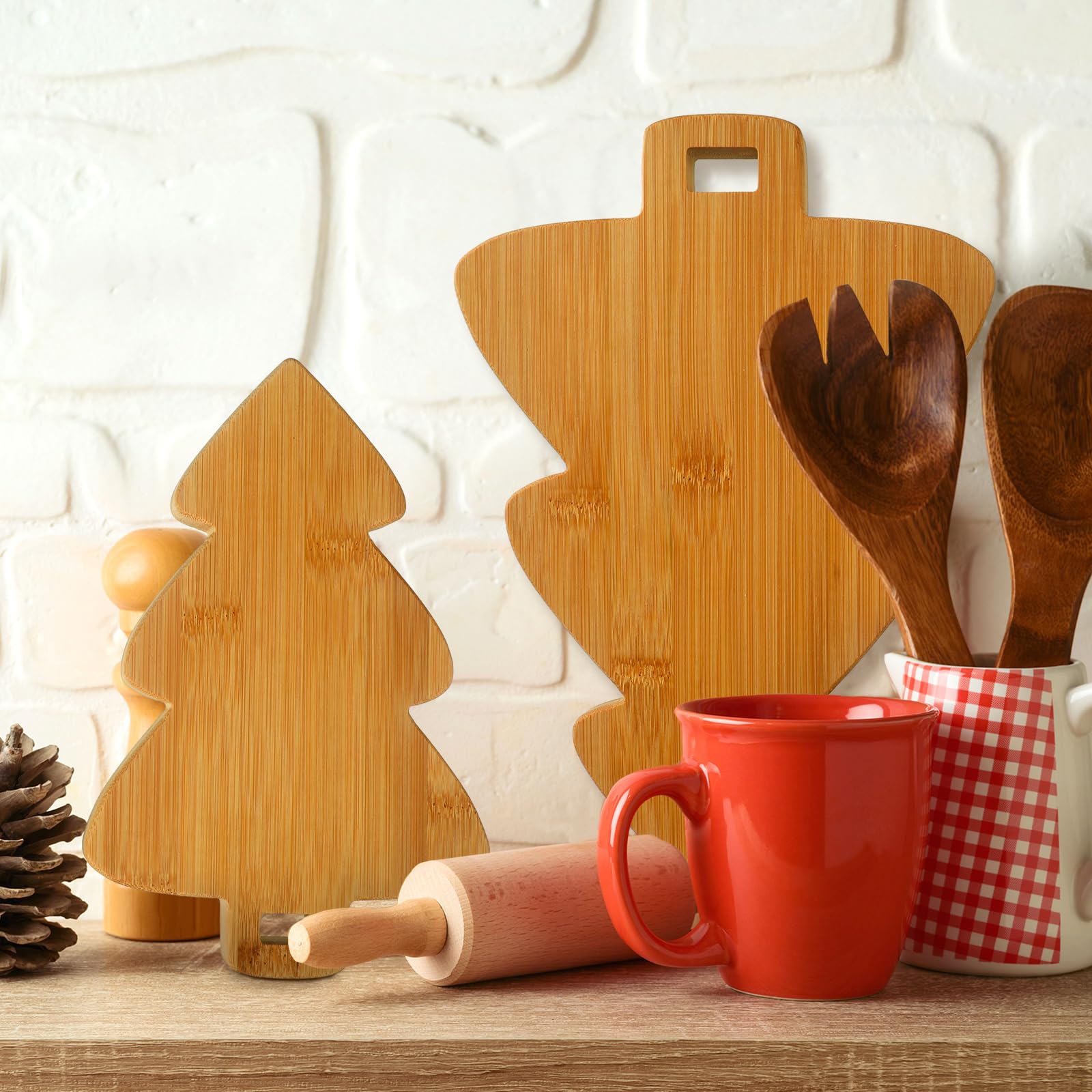 Sliner Juego de 3 tablas de cortar en forma de árbol de Navidad, tabla de cortar de madera, bloque de carnicero de madera para decoración de cocina, queso, verduras, carne, frutas, ensalada, vino,