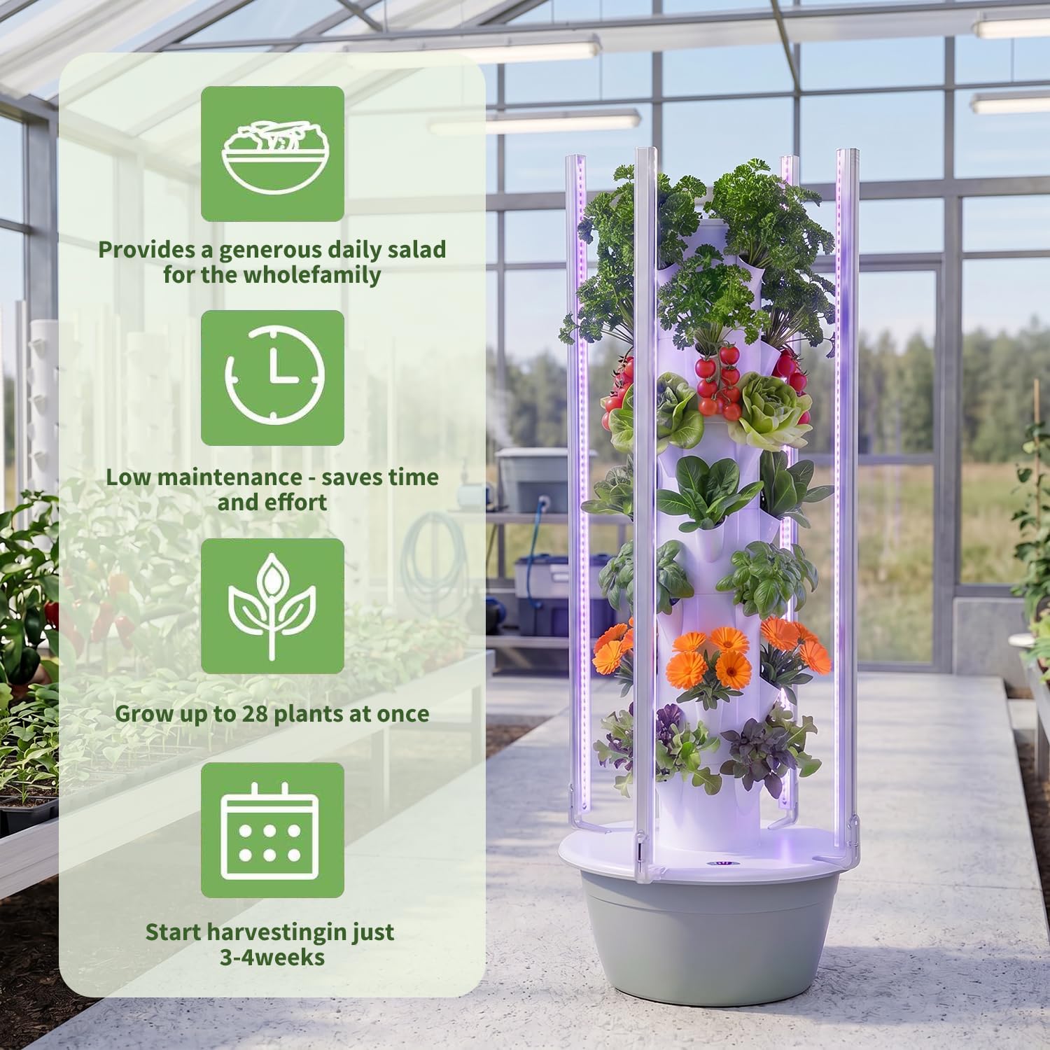 Système de culture hydroponique vertical - Tour d'intérieur automatisée pour l'aéroponie - Avec lampes de culture LED, pompe, minuterie et réservoir d'eau mobile - Pour légumes, fruits, herbes (7