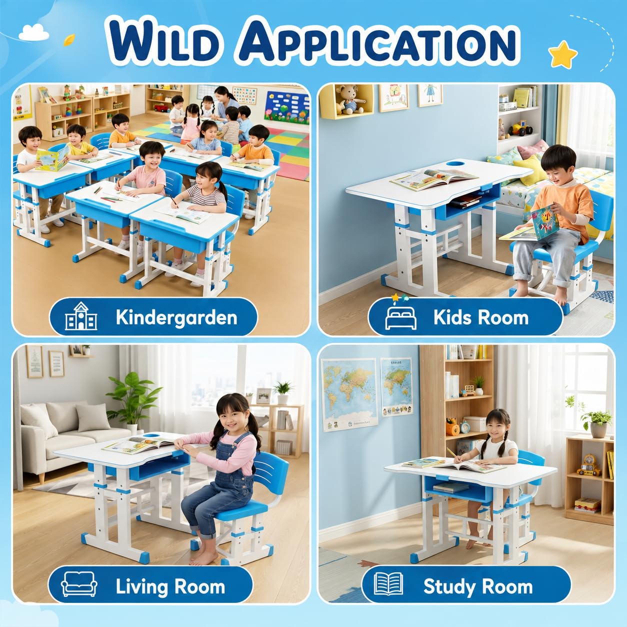 NUCARTURE Kids Study Table with Chair Height Adjustable Computer Table and Chair for Toddlers Children Desk with Storage Cabinet Kindergarten Writing Table (Blue, Study Table) 2