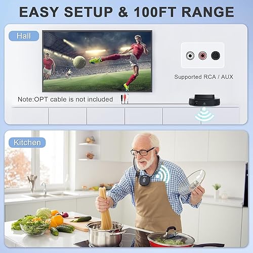 Miniatura 6 de Auriculares inalámbricos para TV con base de carga de transmisor RF de 2.4G, rango de 100 pies, Plug and Play, control de alto volumen, auriculares