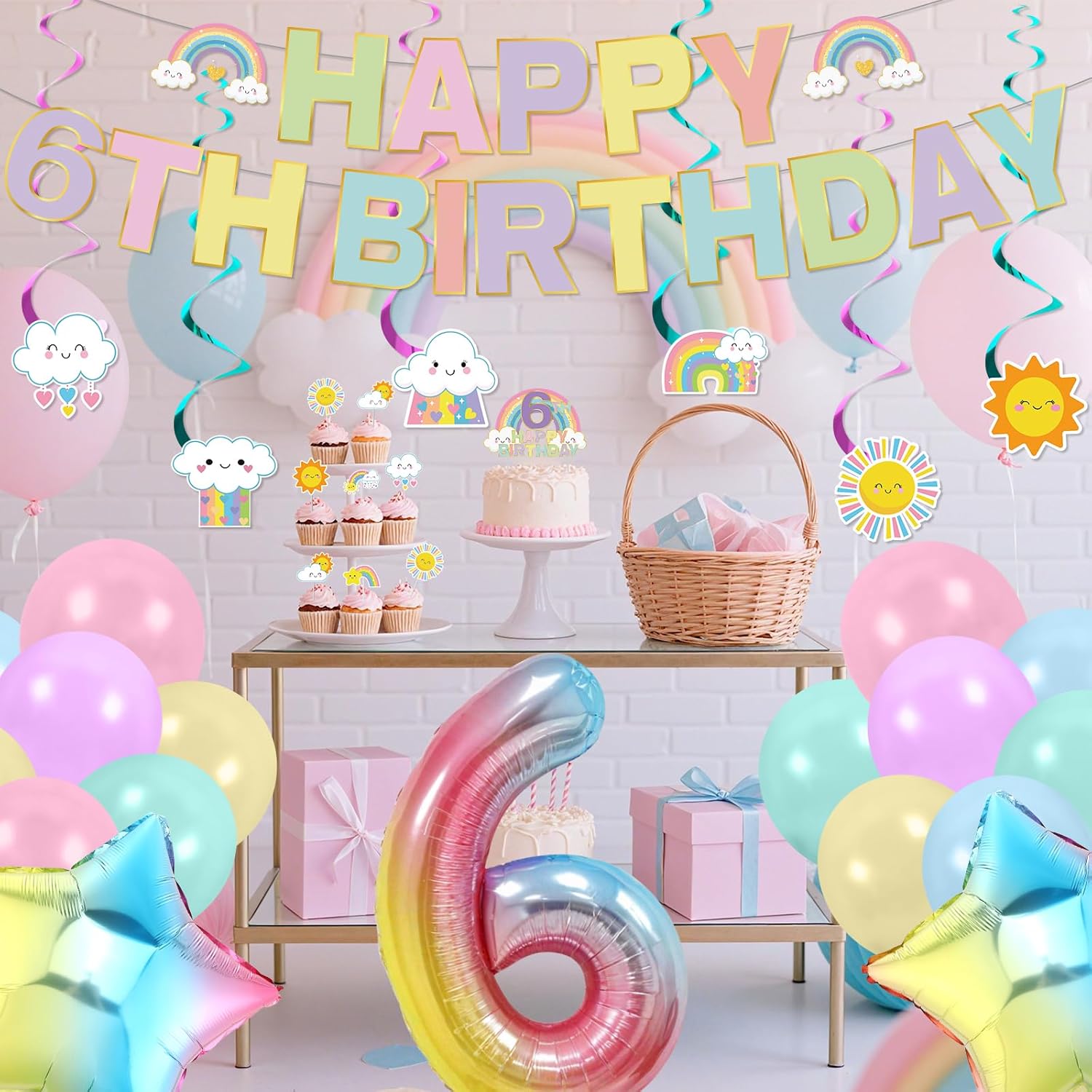 Rainbow 6th Birthday Party Decorations Set, Macaron 6th Birthday Banner Hanging Siwrls Cake Topper Stars and Number 6 Foil Balloons Kit, Boho Rainbow Theme Girls 6 Year Old Bday Party Supplies