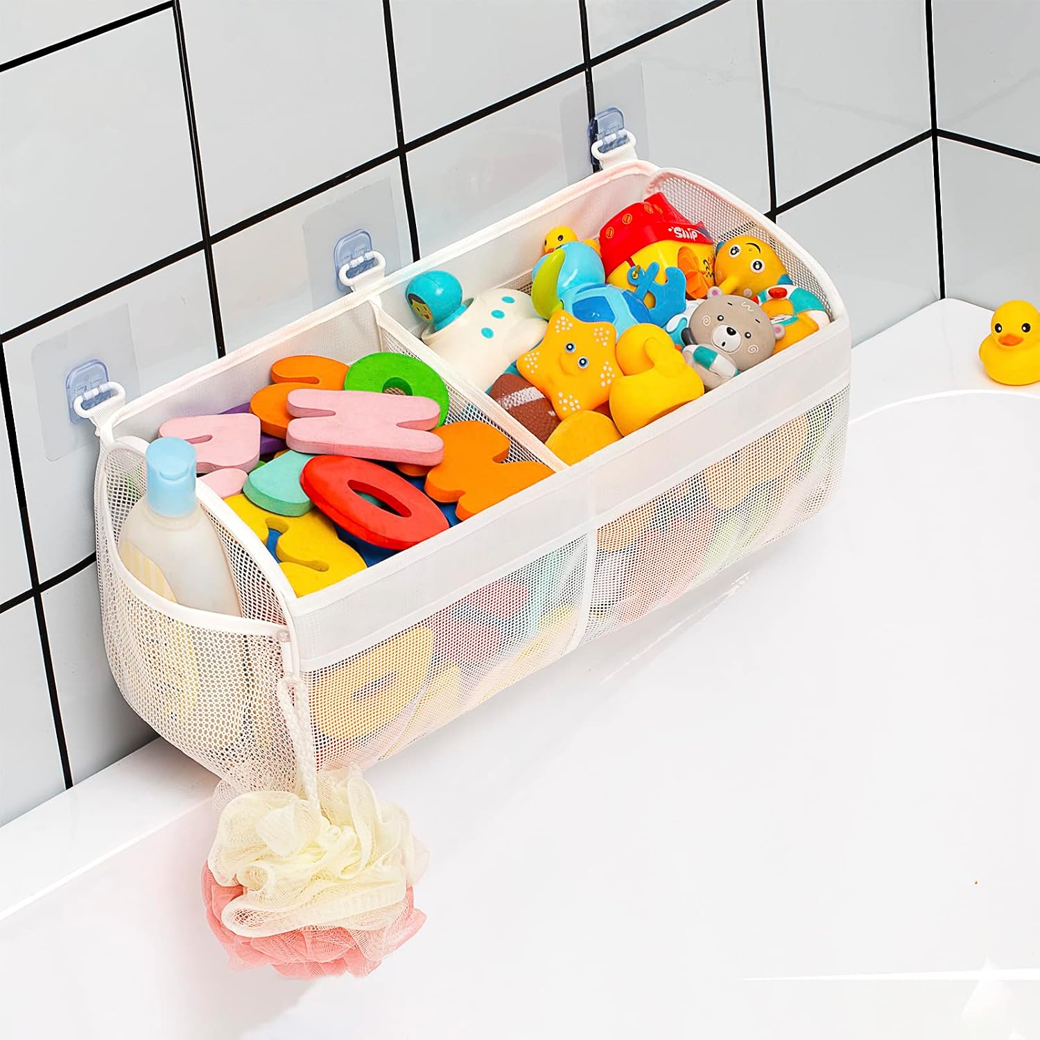 Austion Original Two Compartment Easy-access Mesh Bath Toy Organizer for Bath Tub with Large Openings Quick Drying Cute Toddler Bath Toy Storage Holder for Baby